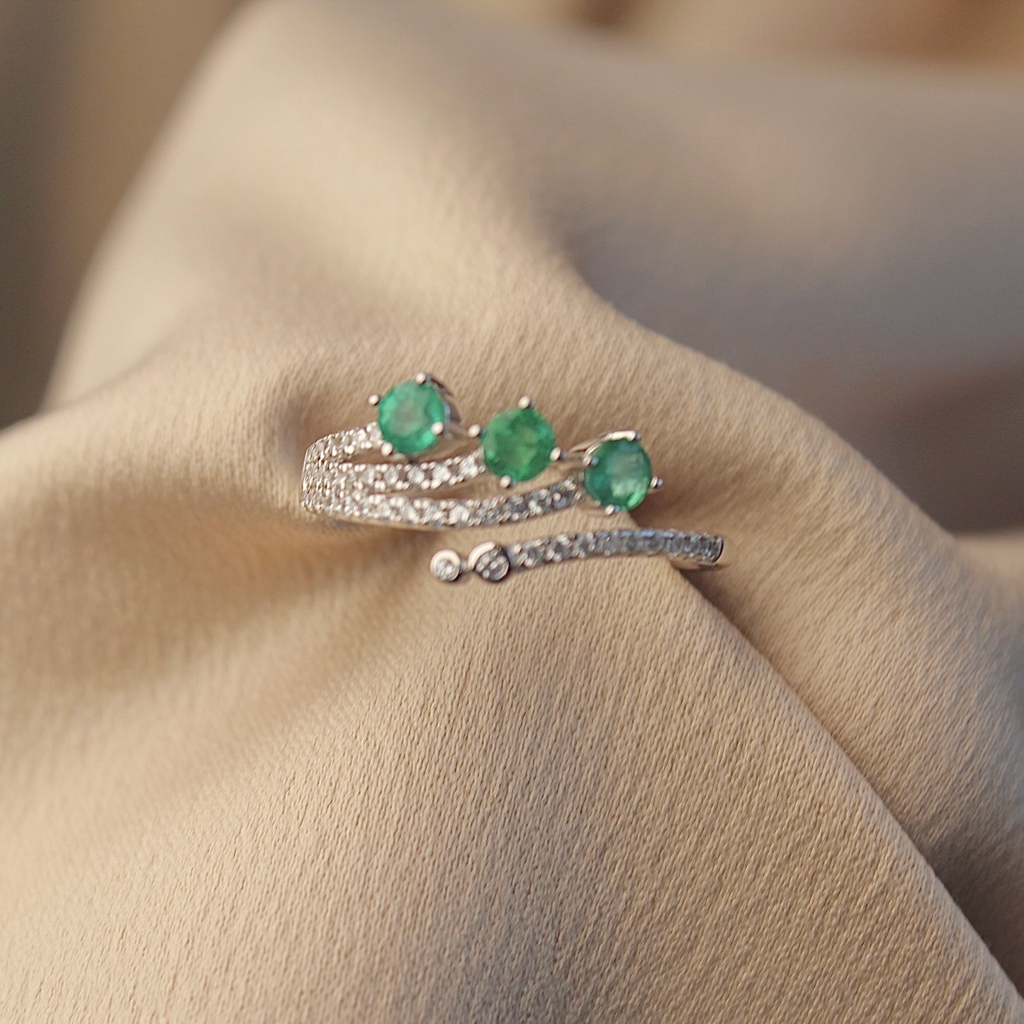 Three Dots Natural Emerald Adjustable Ring
