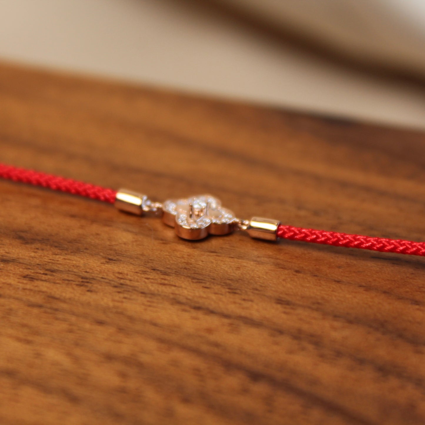14K Solid Rose Gold Double-Sided Clover Red Bracelet