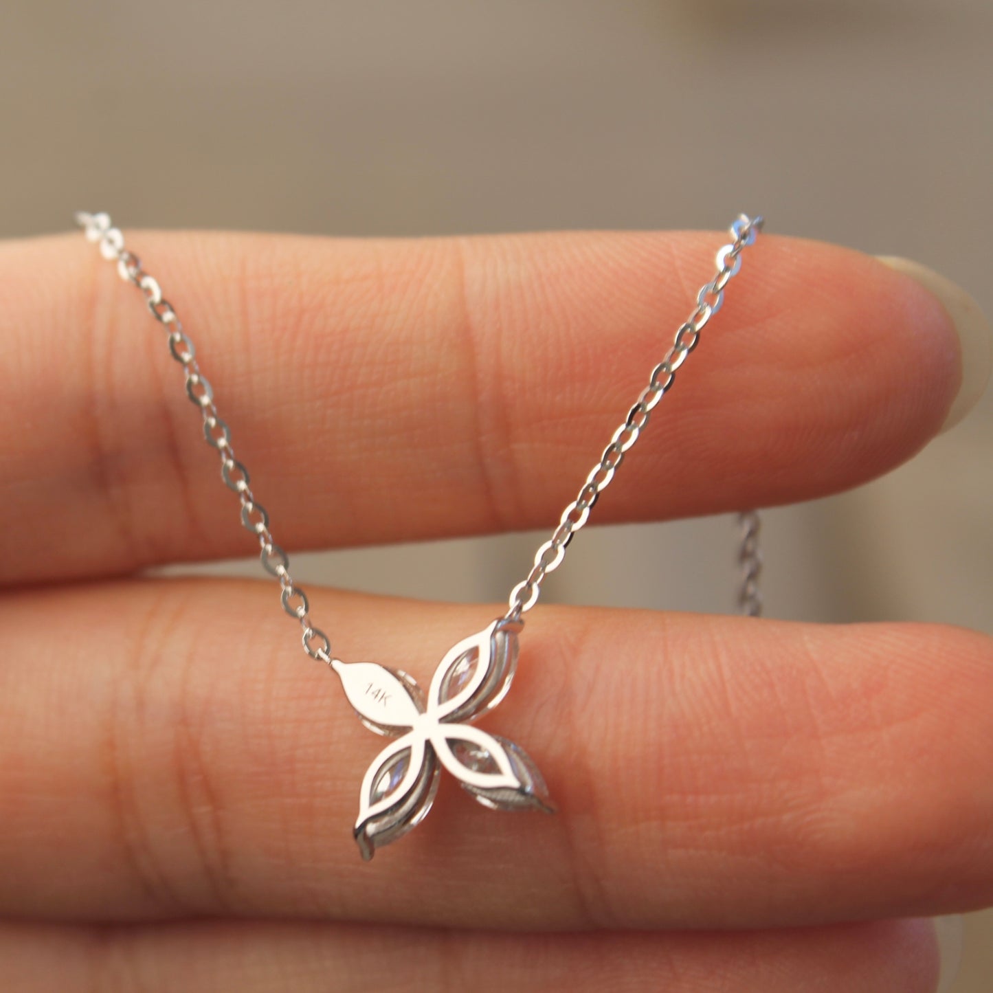 14K Solid White Gold Clover Necklace