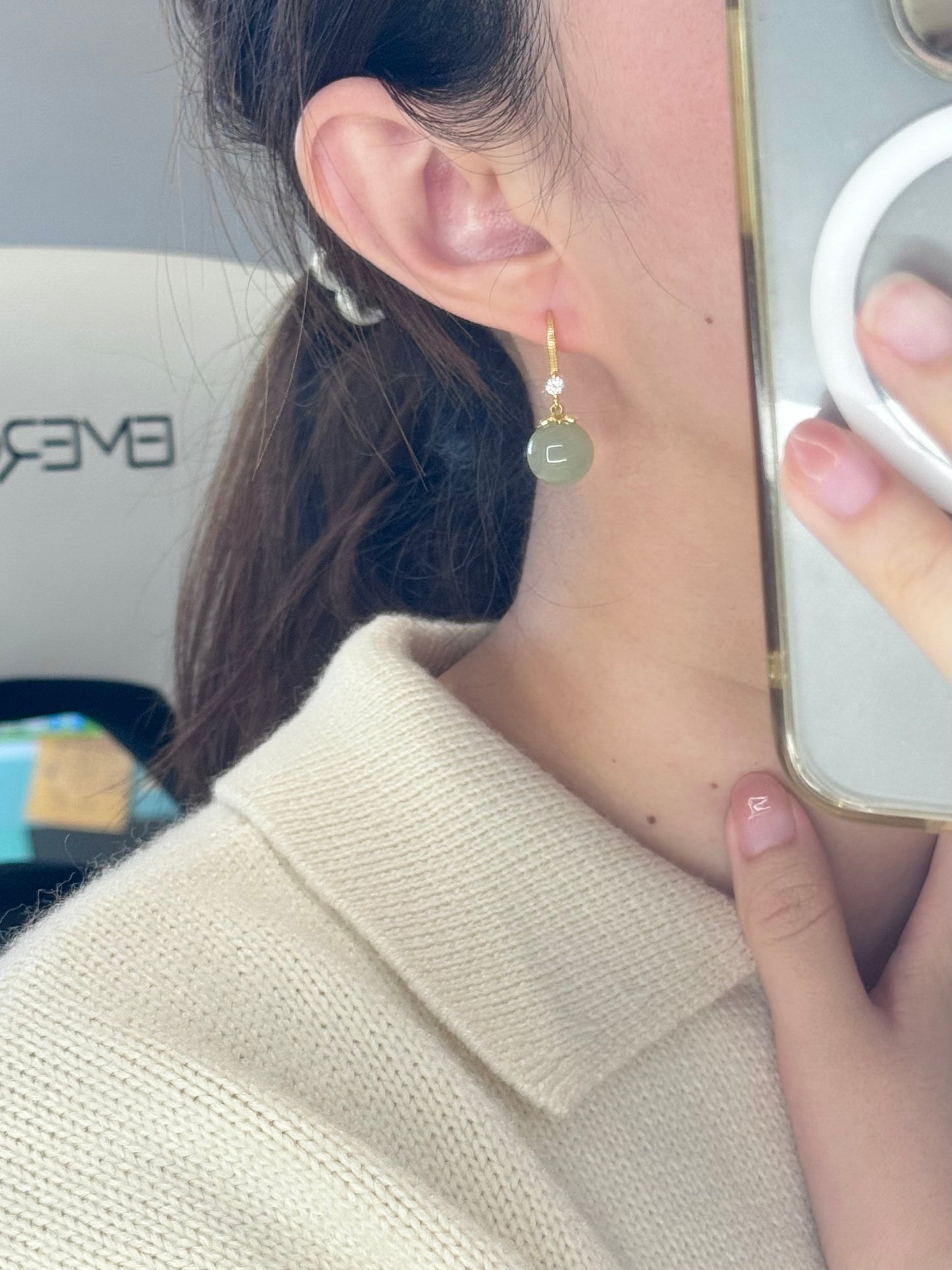 Quality Natural Light Green Jade Earrings, 12mm