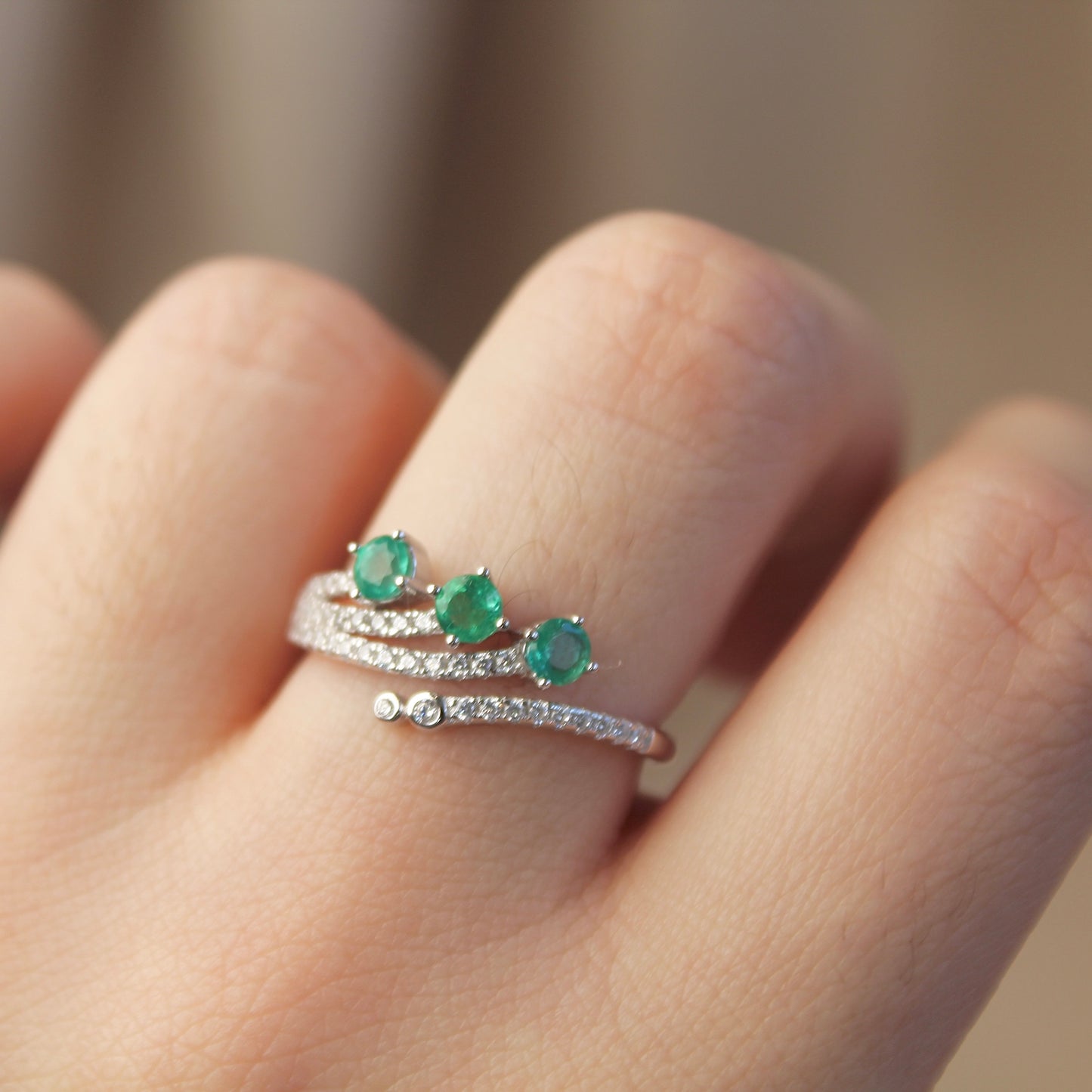 Three Dots Natural Emerald Adjustable Ring