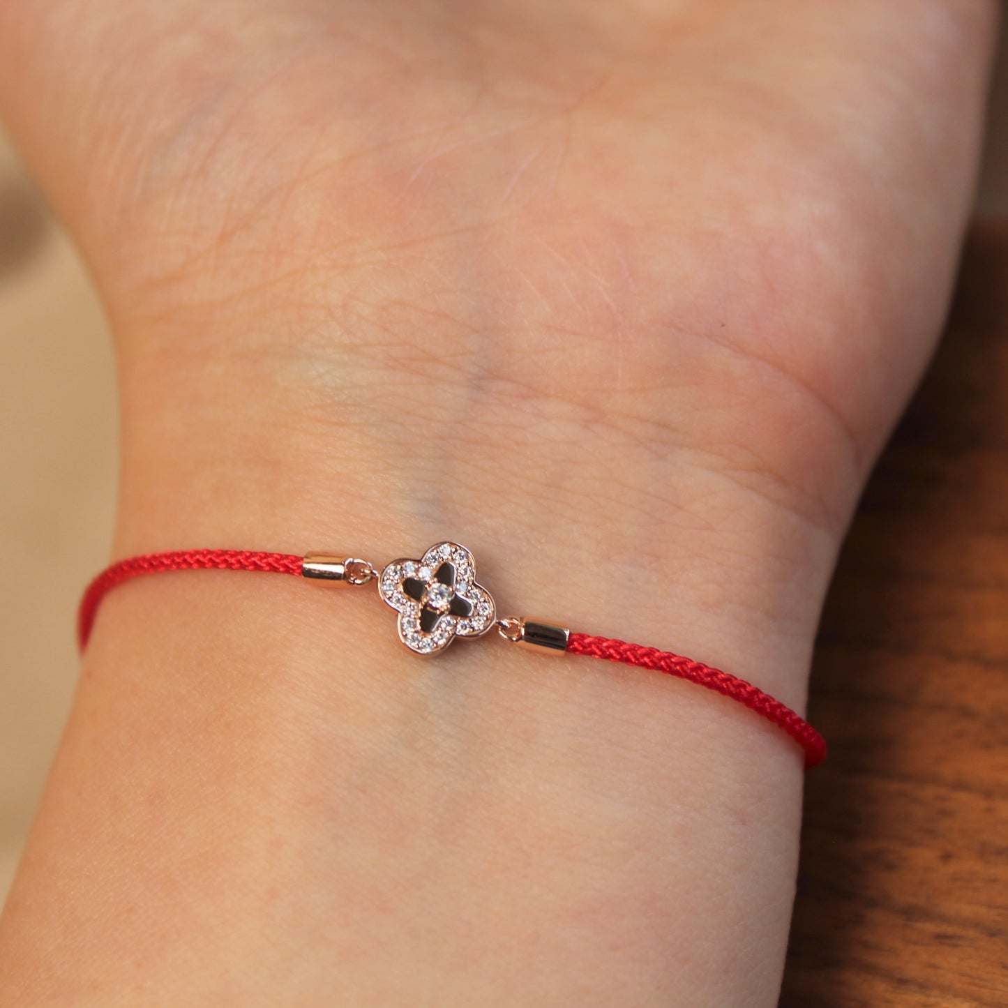 14K Solid Rose Gold Double-Sided Clover Red Bracelet