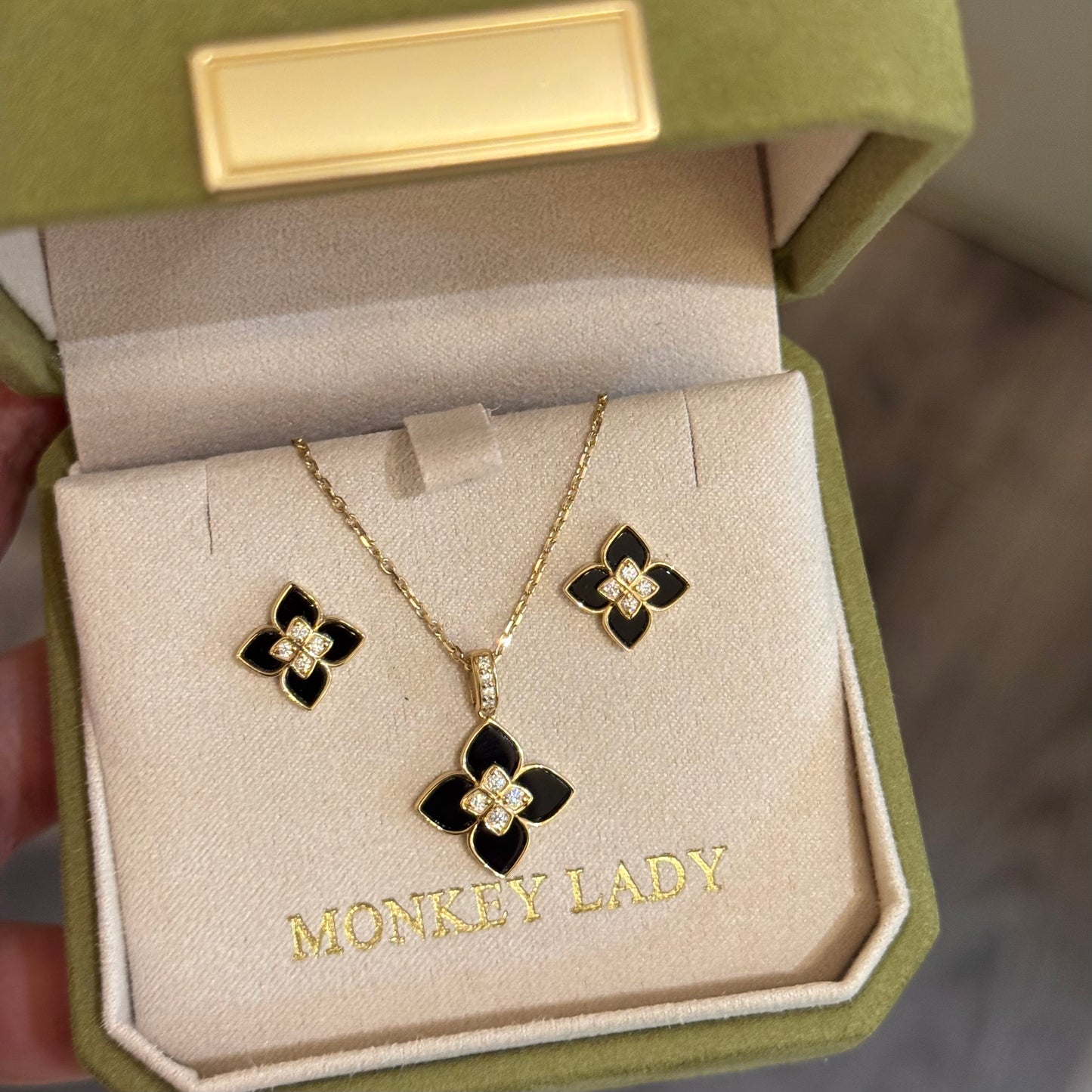 14K Solid Gold Black Onyx Clover Pendant