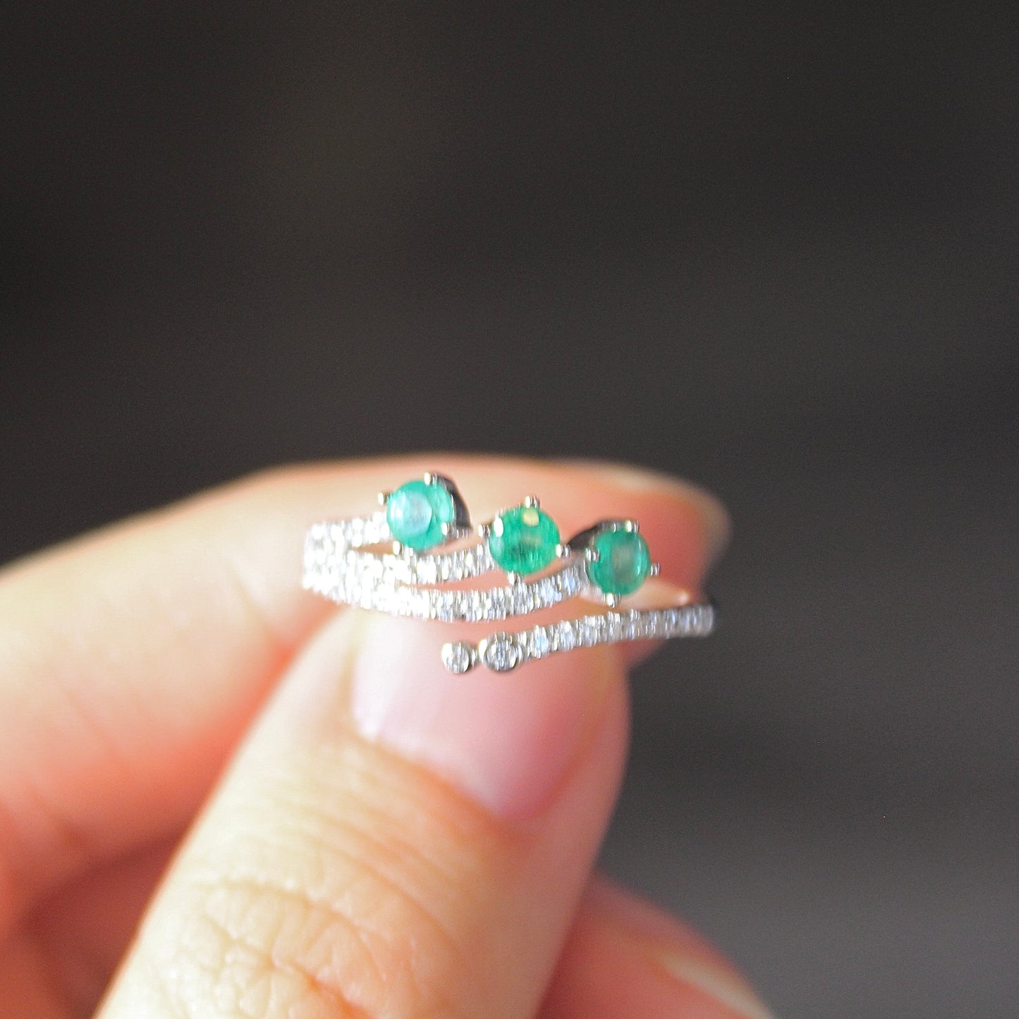 Three Dots Natural Emerald Adjustable Ring