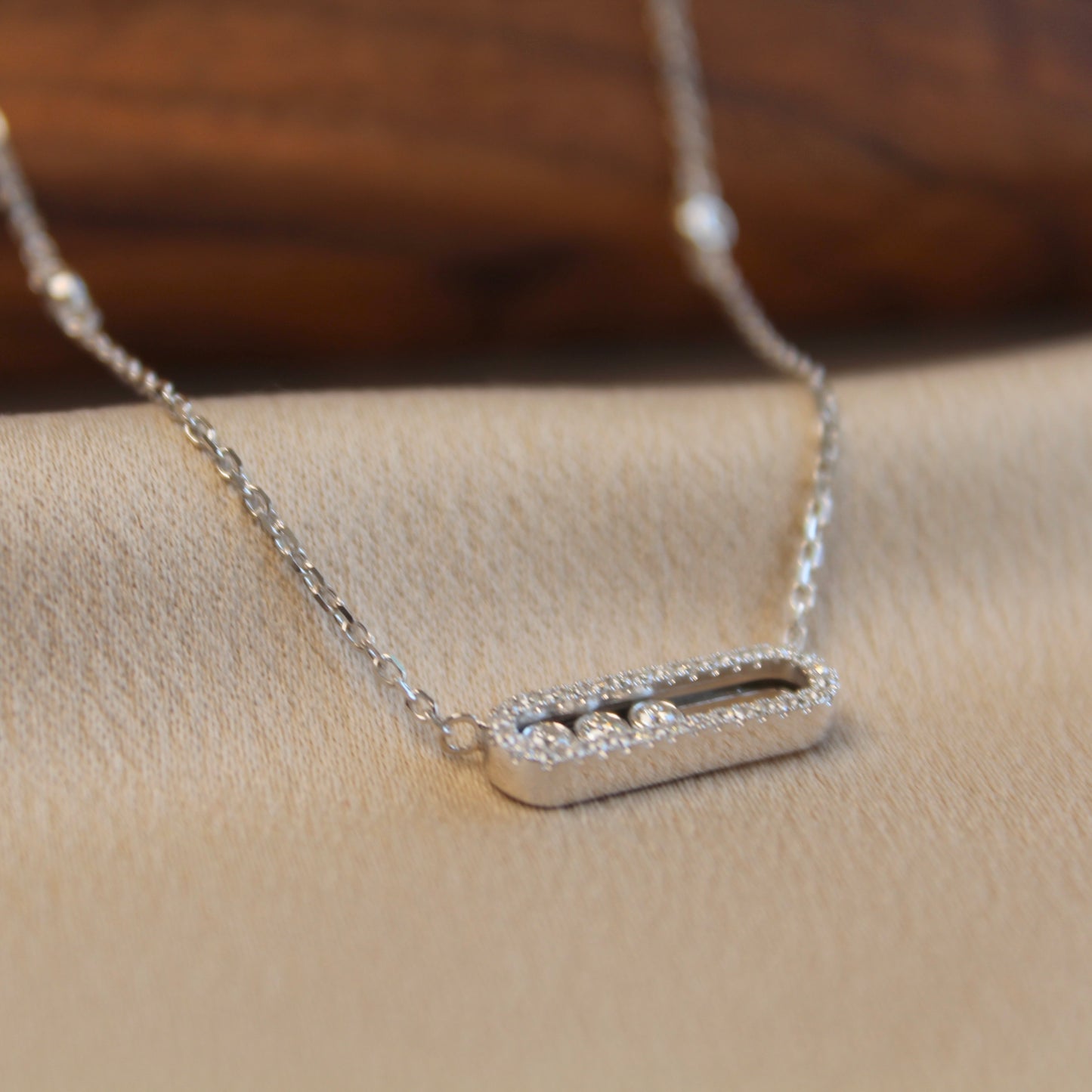 14K Solid White Gold Dancing Stones Necklace