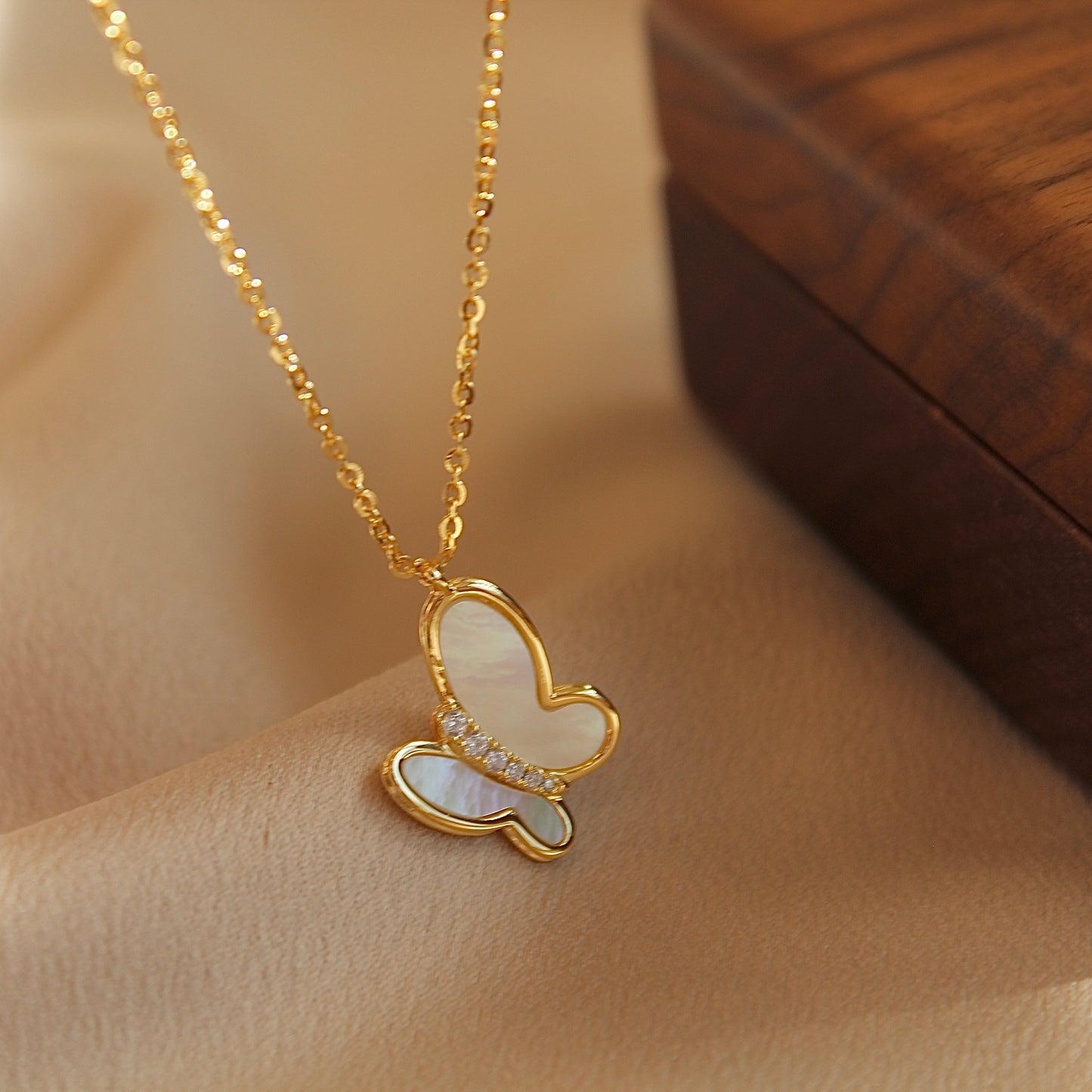 Butterfly Mother of Pearl Necklace, Gold Color