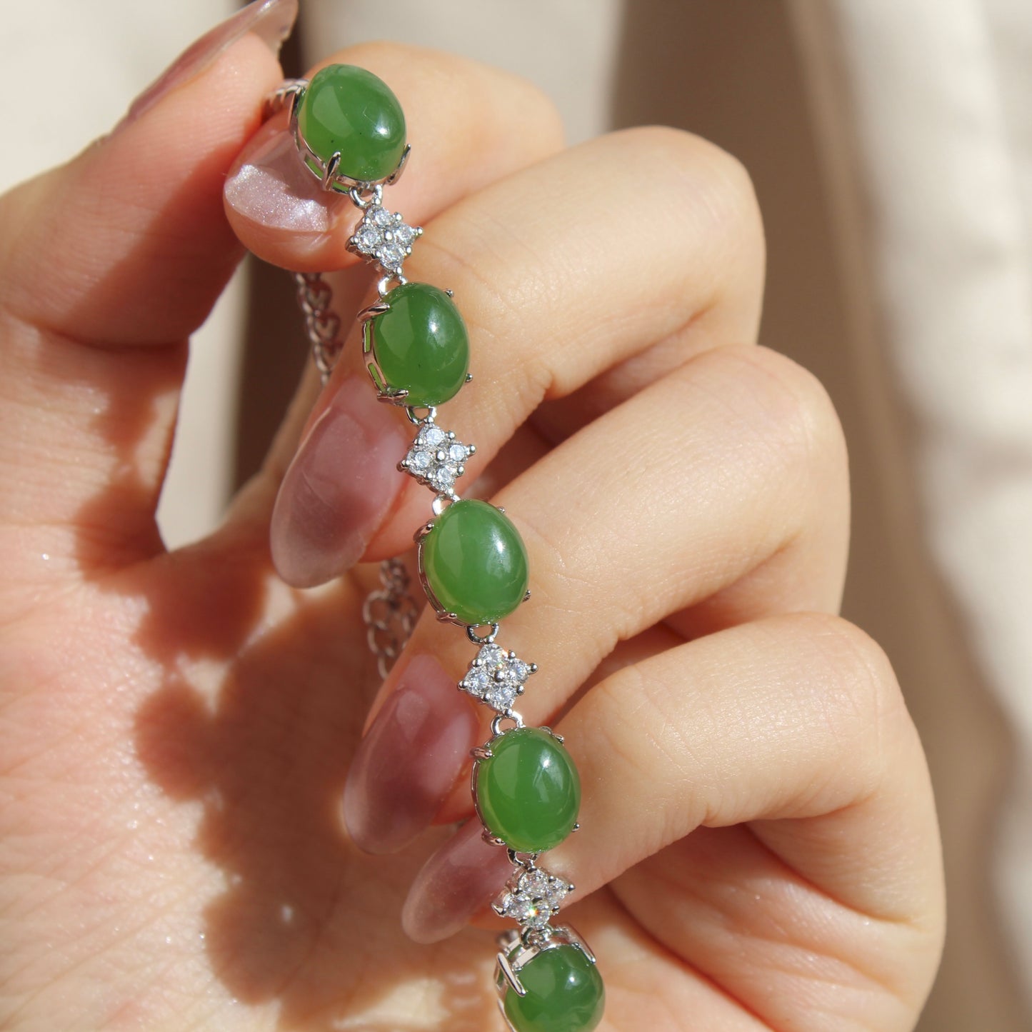 Big Oval Natural Green Jade Bracelet