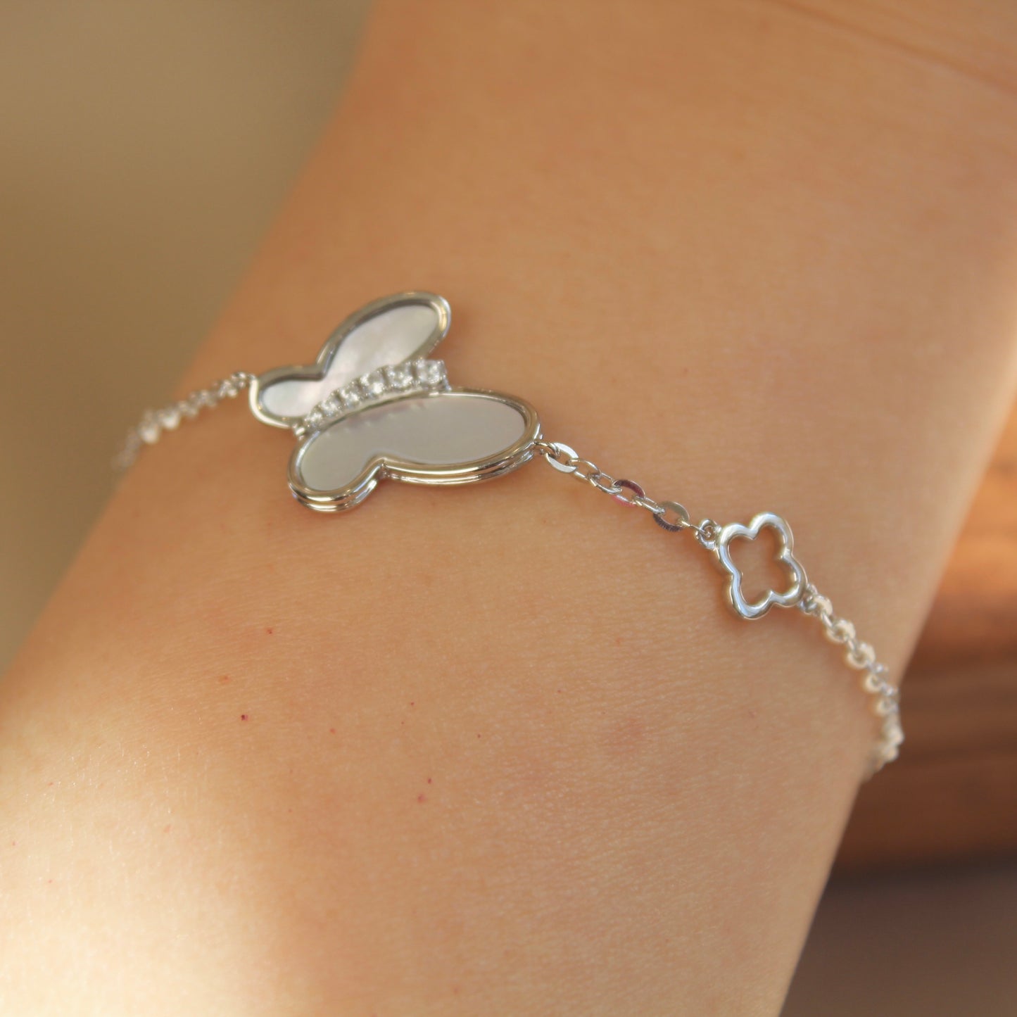 Butterfly Mother of Pearl Bracelet, Silver Color