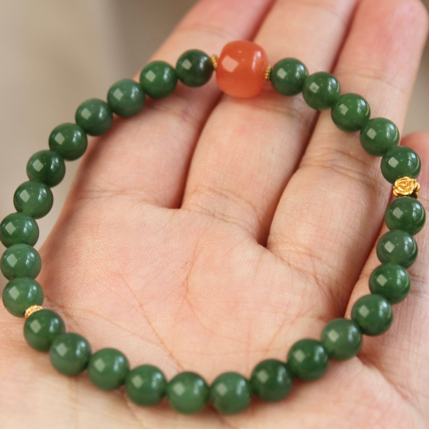Natural Green Jade & South Red Agate Bracelet
