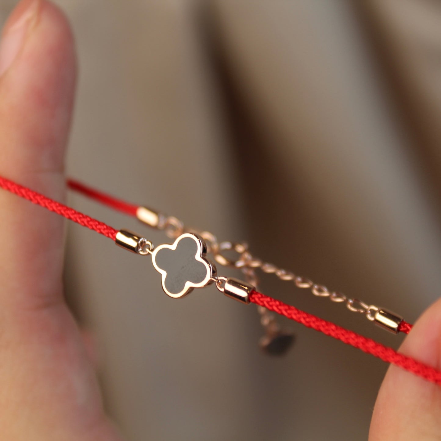 14K Solid Rose Gold Double-Sided Clover Red Bracelet