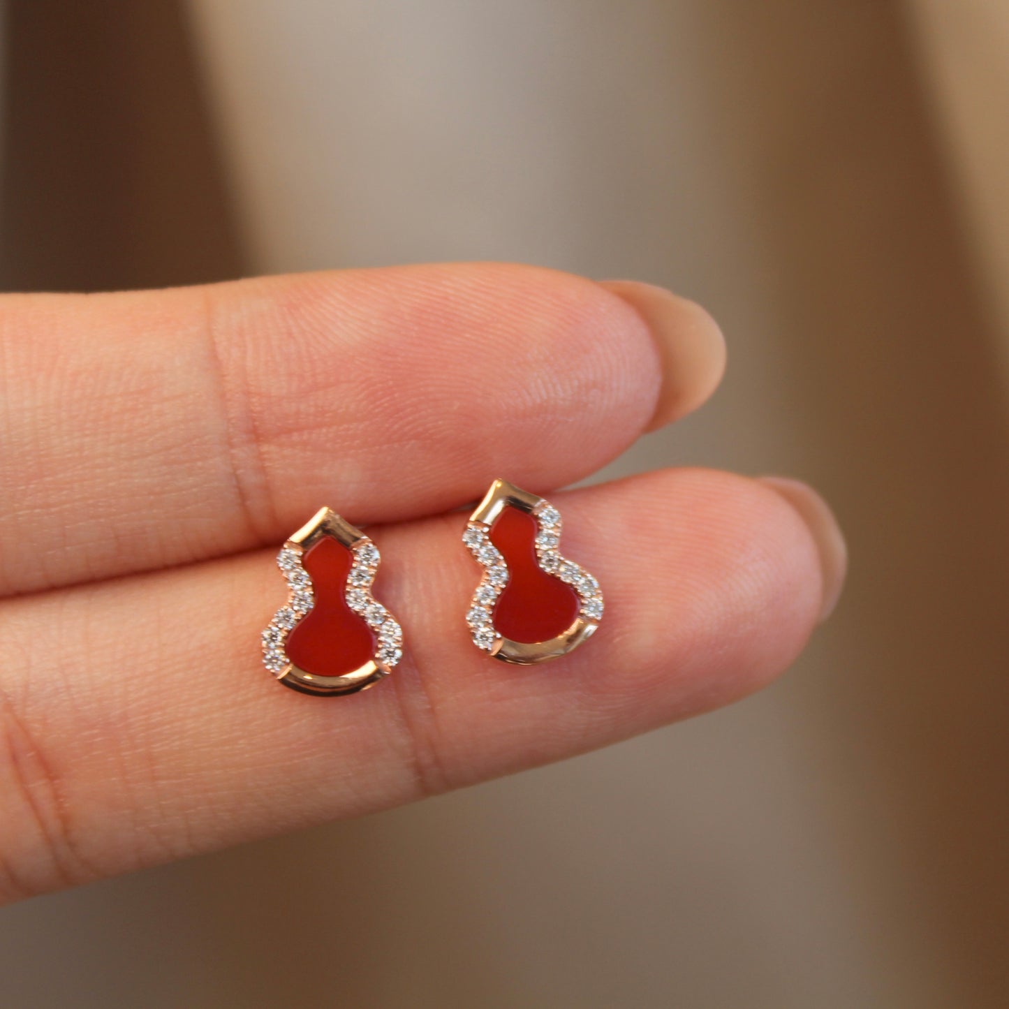 14K Solid Rose Gold Red Agate Hulu Earrings