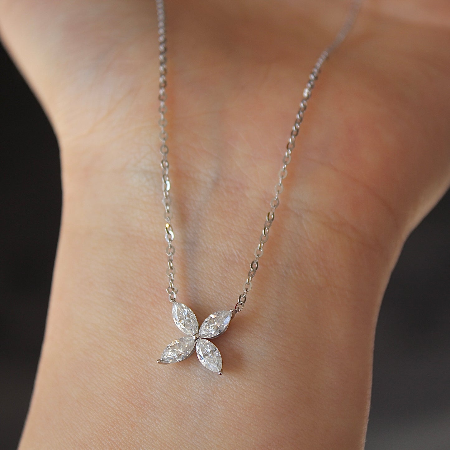 14K Solid White Gold Clover Necklace