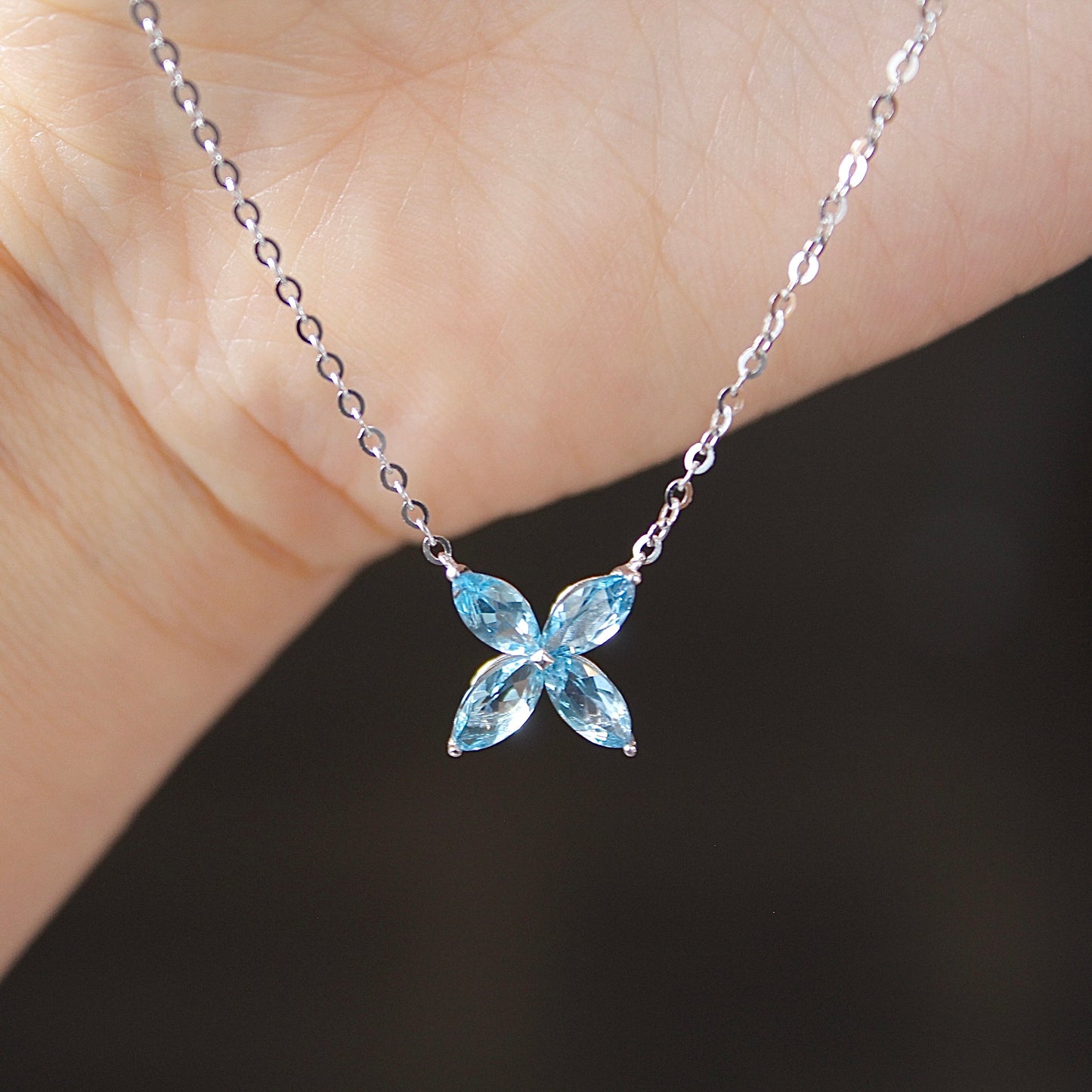 14K Solid White Gold Clover Necklace, Blue Topaz