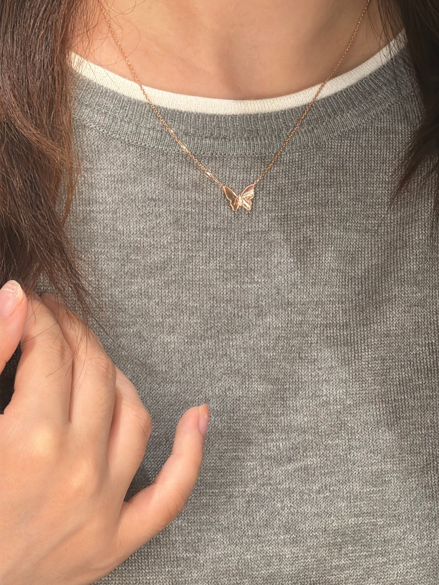 14K Solid Rose Gold Butterfly Necklace 车花工艺
