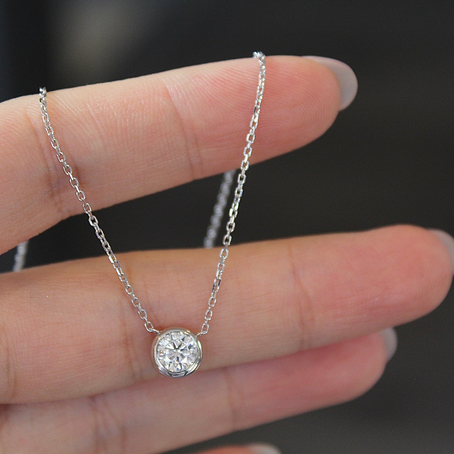 14K Solid Gold Single Bubble Necklace 0.5 Ct, White Gold