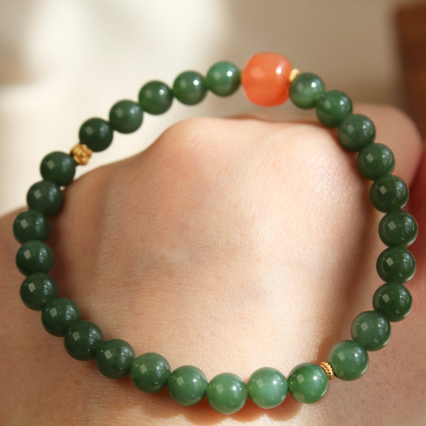 Natural Green Jade & South Red Agate Bracelet
