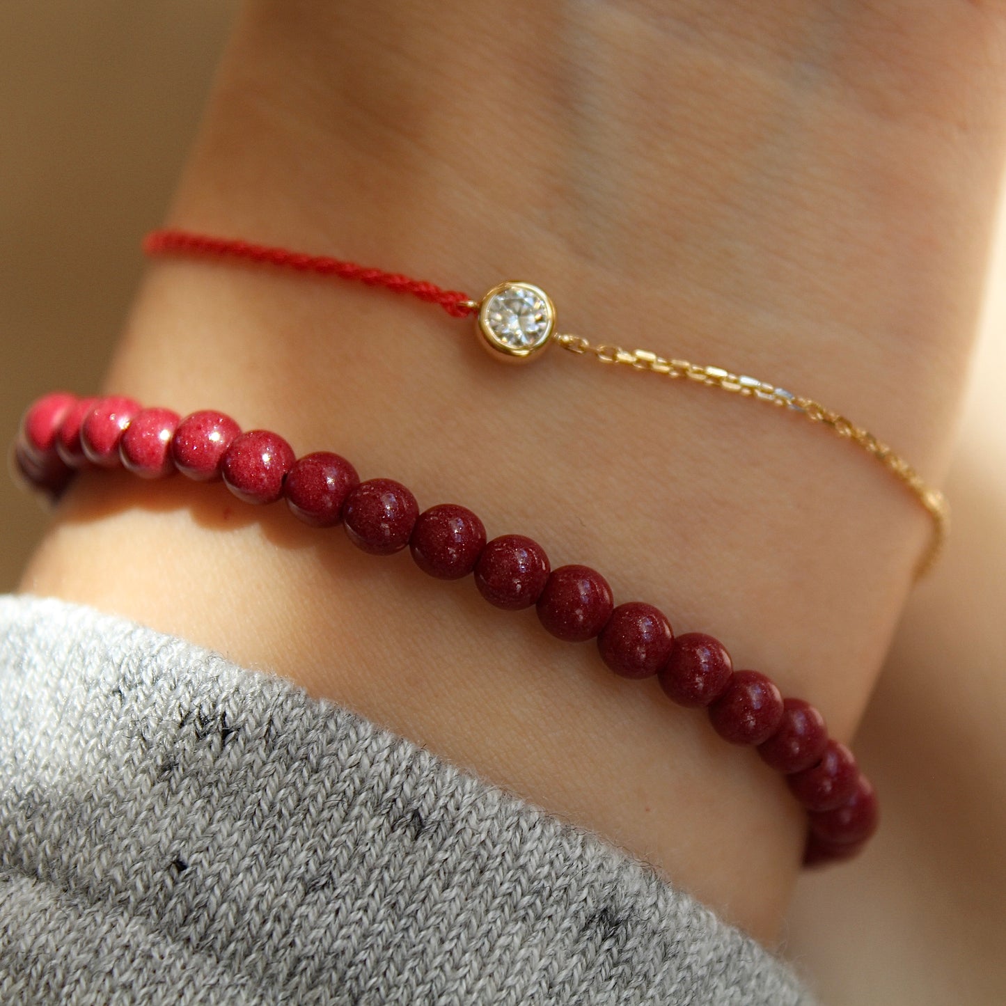 14K Solid Yellow Gold Bubble Red Bracelet