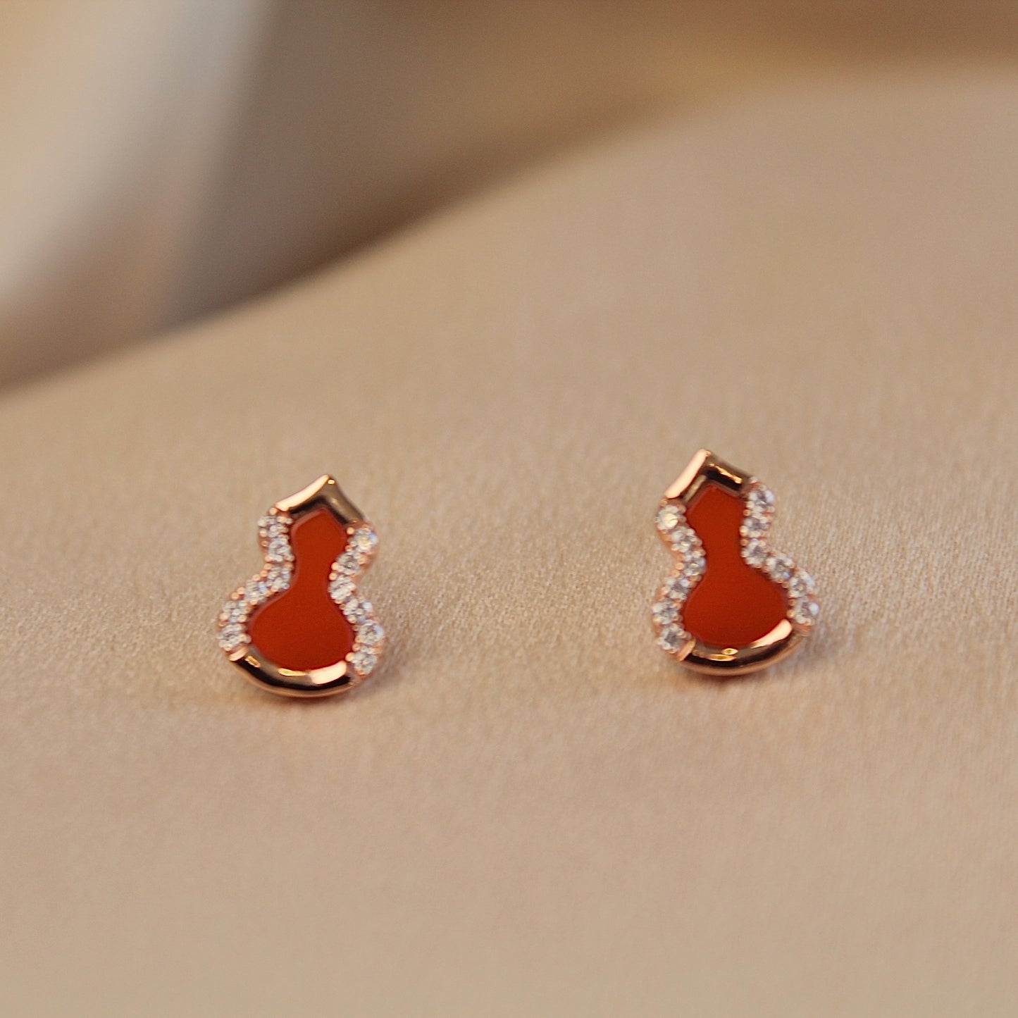14K Solid Rose Gold Red Agate Hulu Earrings