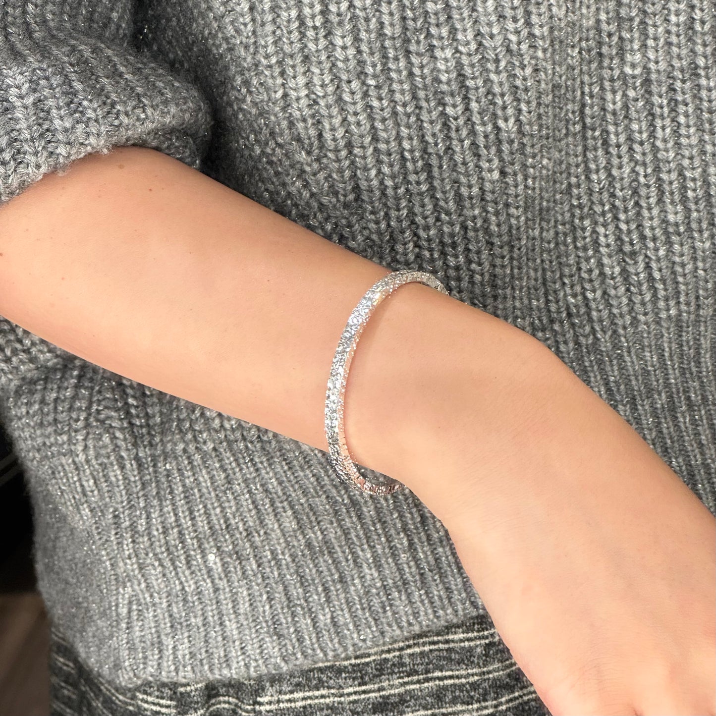 碎冰冰实心Sparkling Crushed Ice Silver Bangle Bracelet