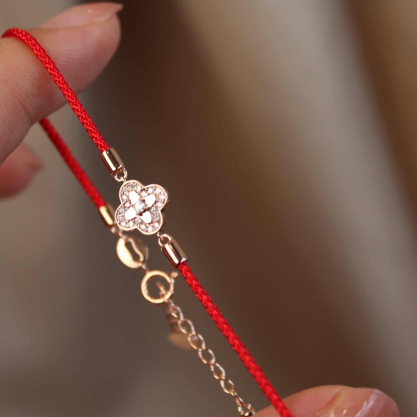14K Solid Rose Gold Double-Sided Clover Red Bracelet