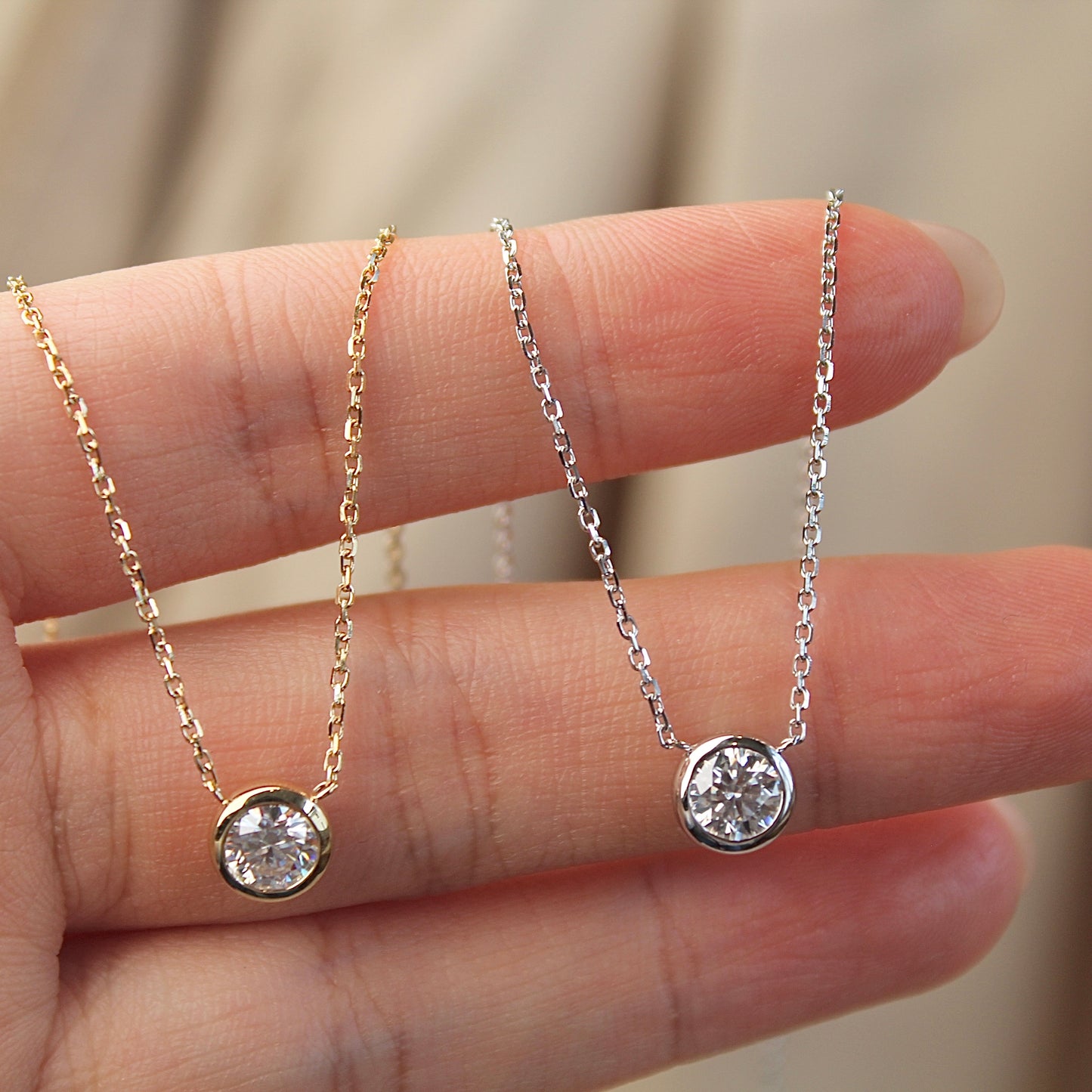 14K Solid Gold Single Bubble Necklace 0.5 Ct, White Gold