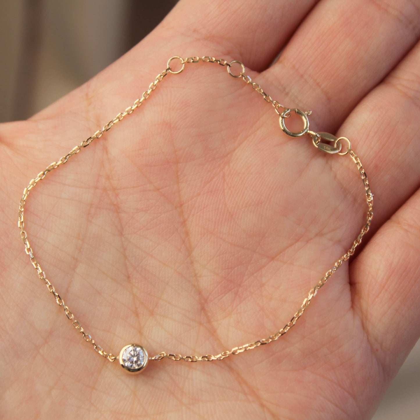 14K Solid Gold Single Moissanite Bracelet