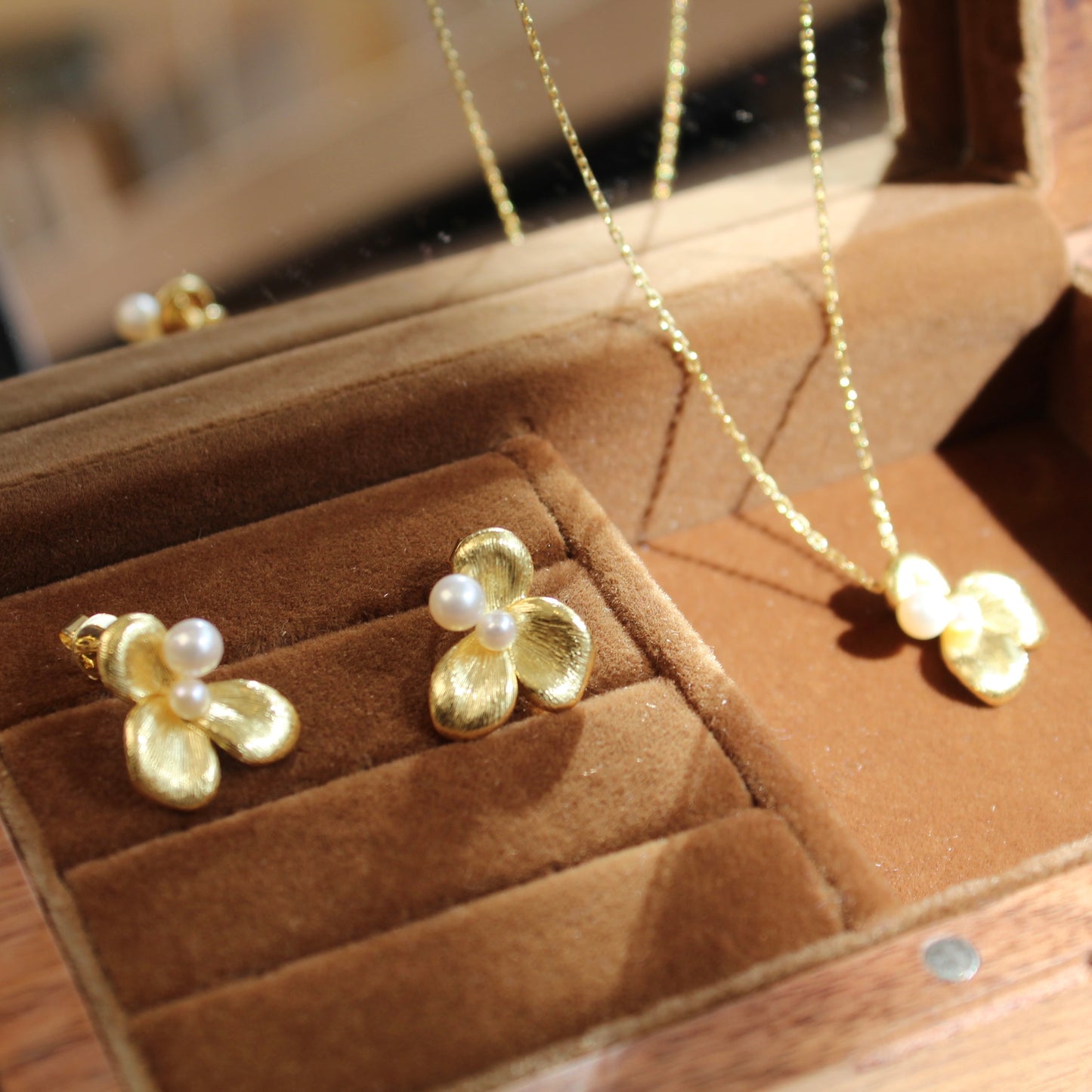 Silk-Drawn Petals Pearl Earrings, Gold Version