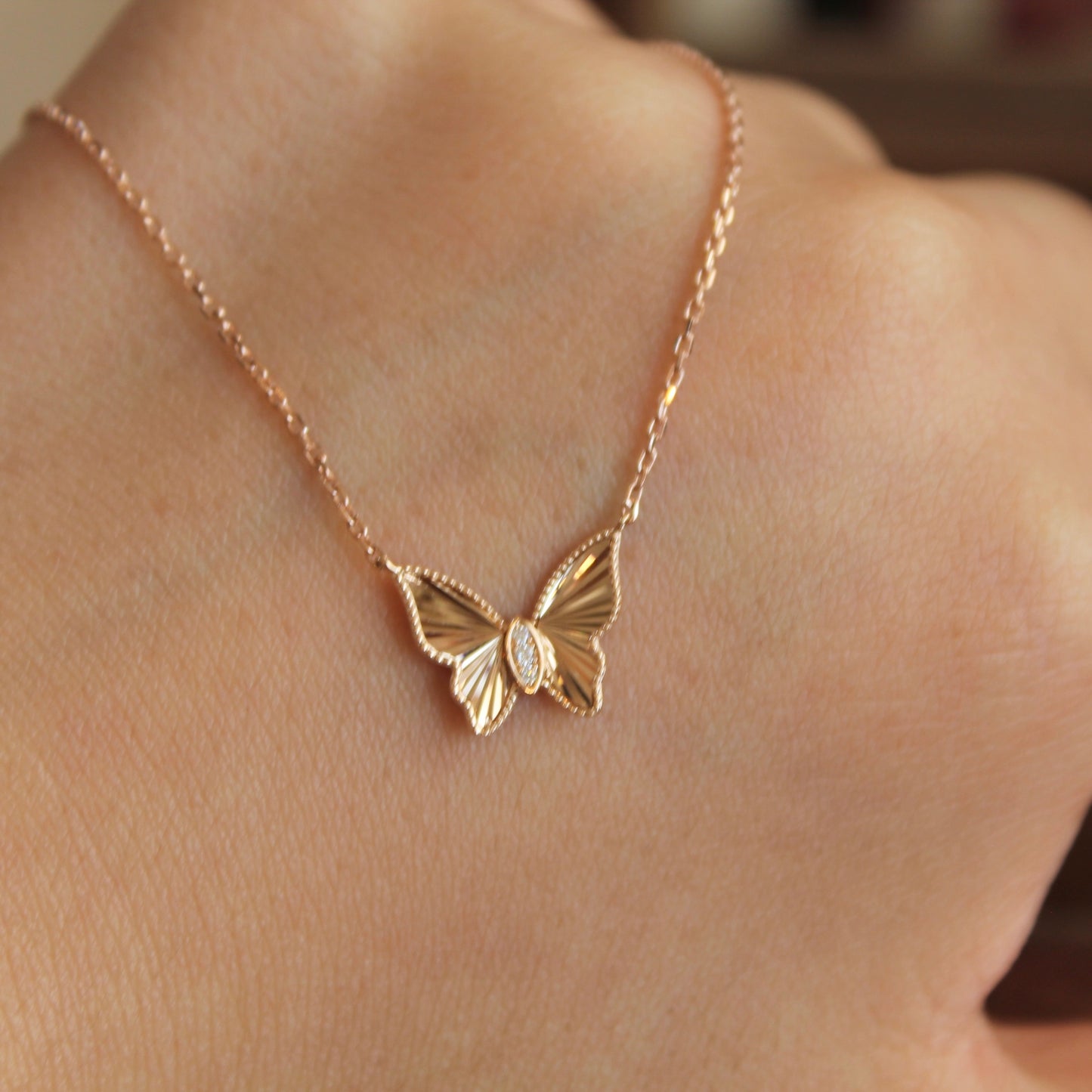 14K Solid Rose Gold Butterfly Necklace 车花工艺