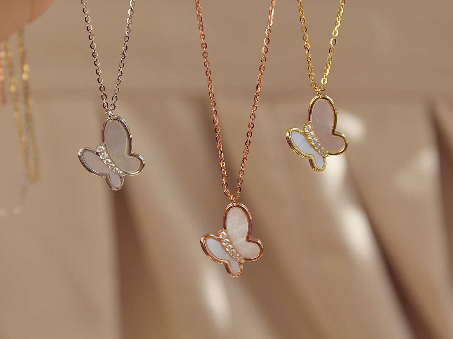 Butterfly Mother of Pearl Necklace, Rose Gold