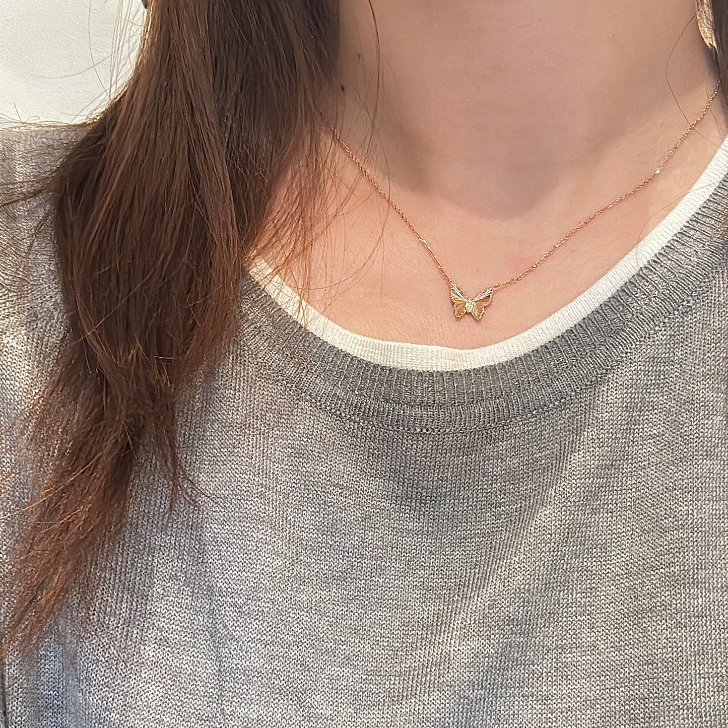 14K Solid Rose Gold Butterfly Necklace 车花工艺