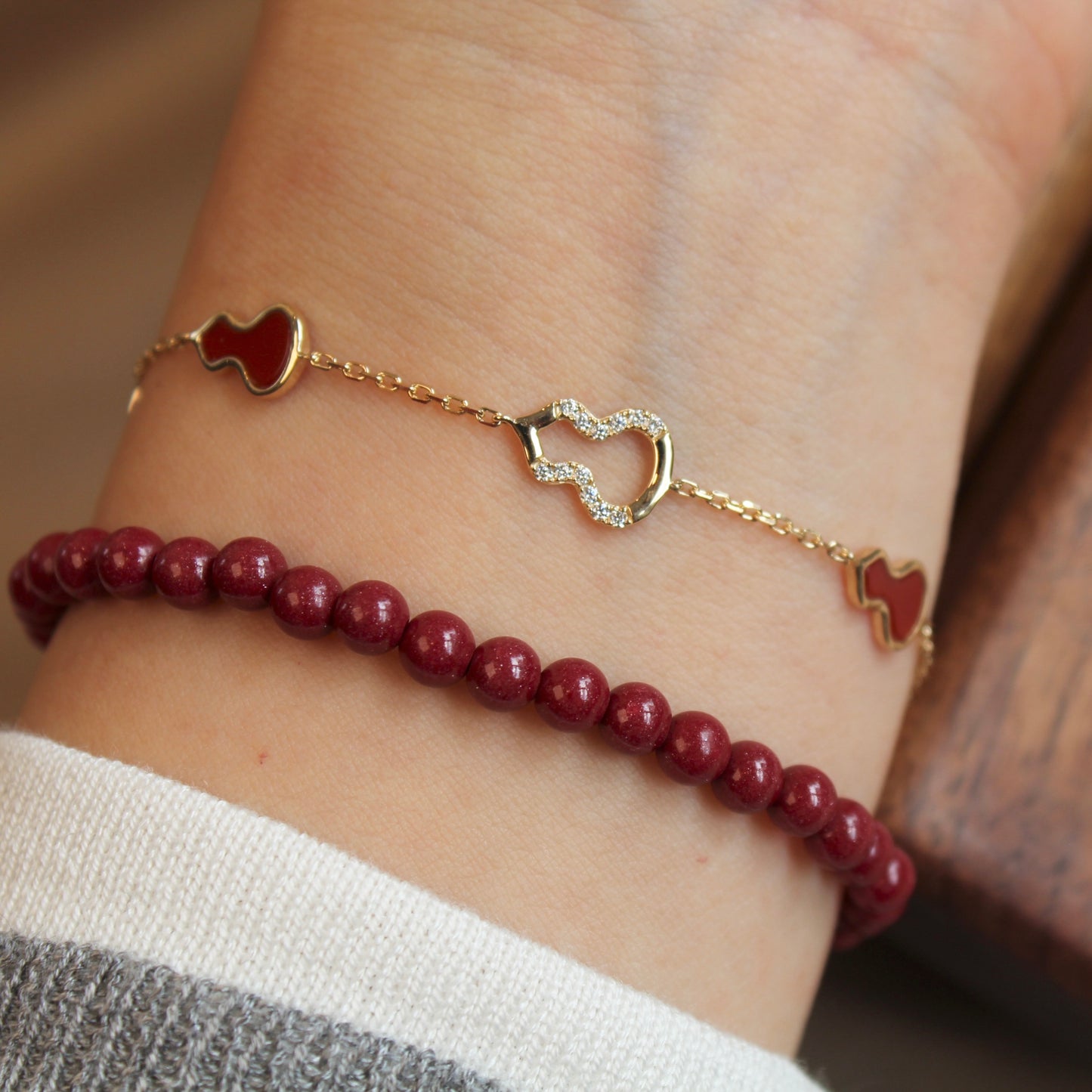 14K Solid Yellow Gold Five Hulu Bracelet五福临门