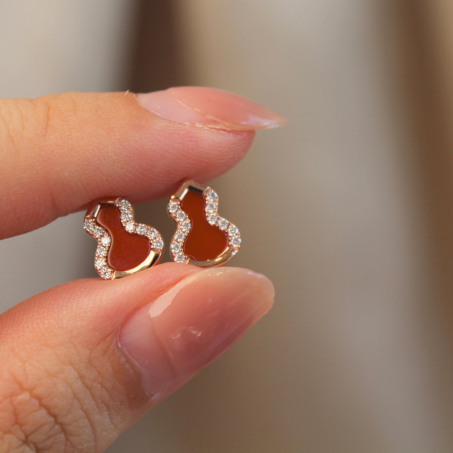 14K Solid Rose Gold Red Agate Hulu Earrings