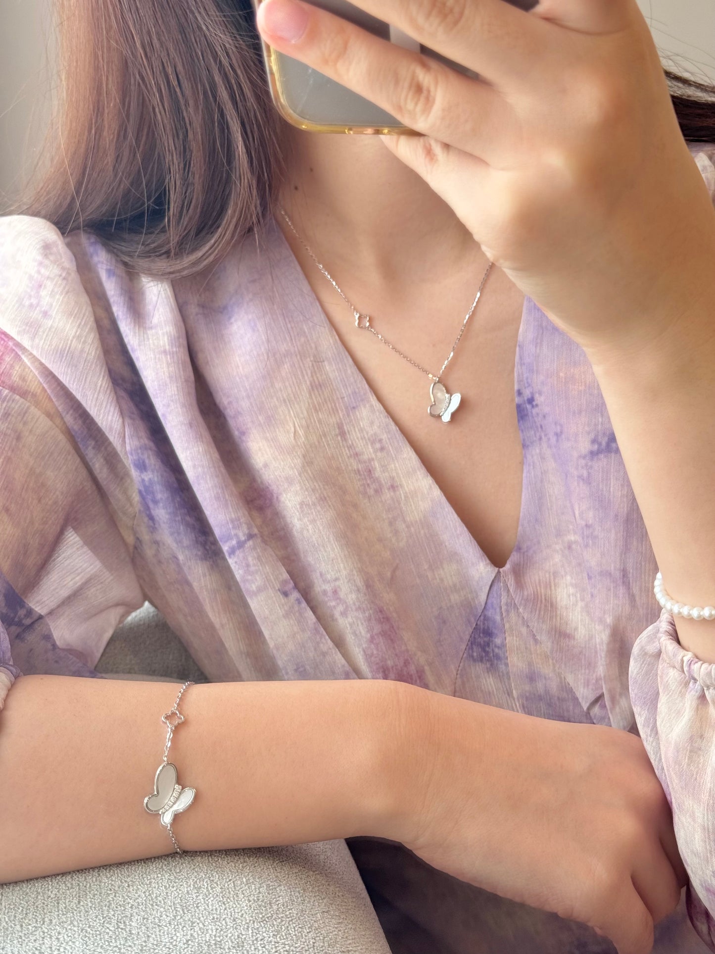 Butterfly Mother of Pearl Necklace, Silver Color