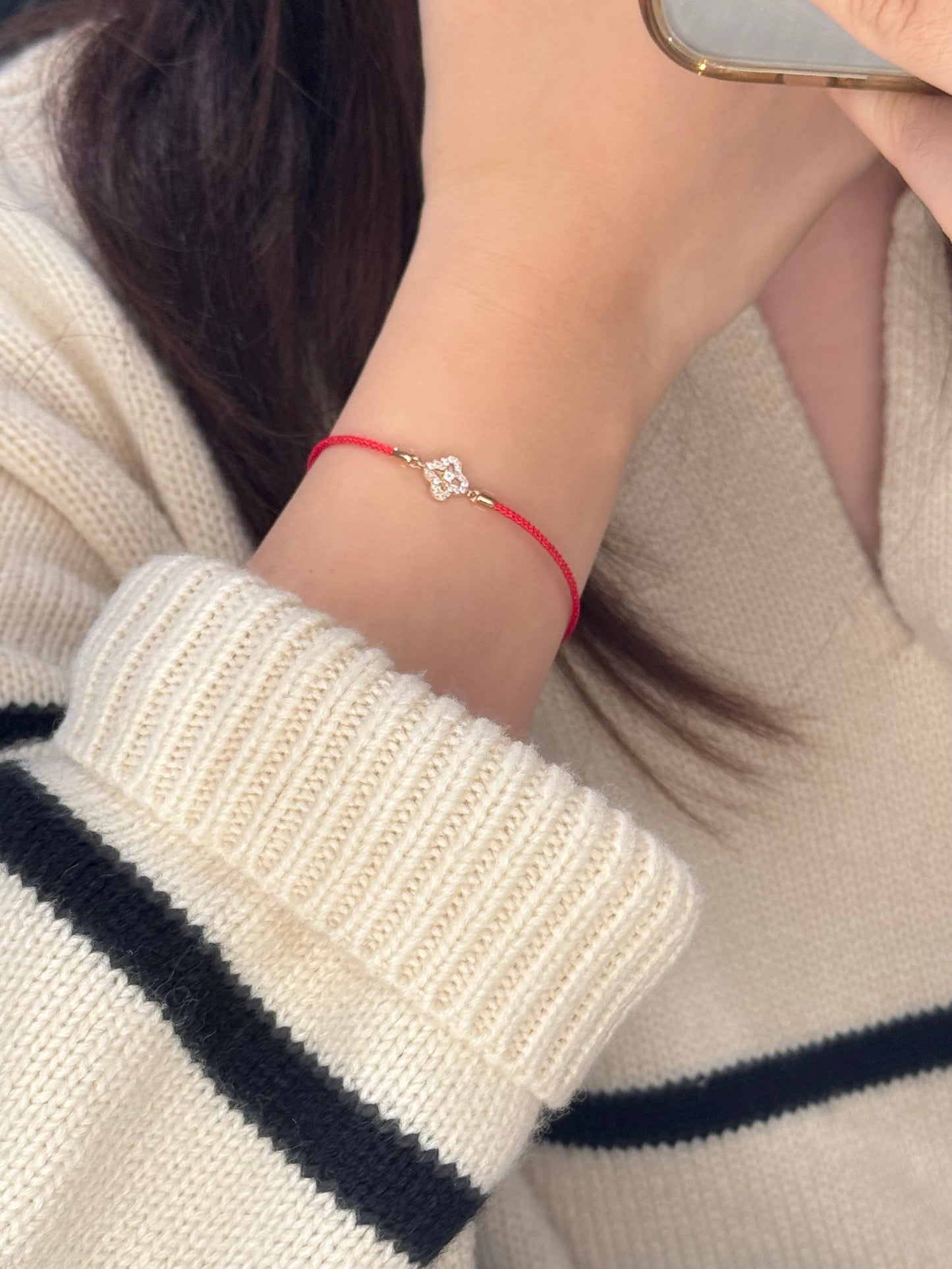 14K Solid Rose Gold Double-Sided Clover Red Bracelet