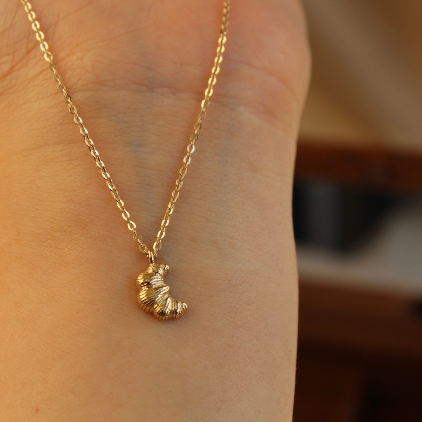 14K Solid Gold Croissant Necklace
