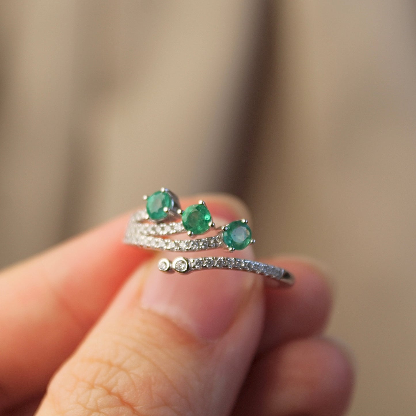 Three Dots Natural Emerald Adjustable Ring