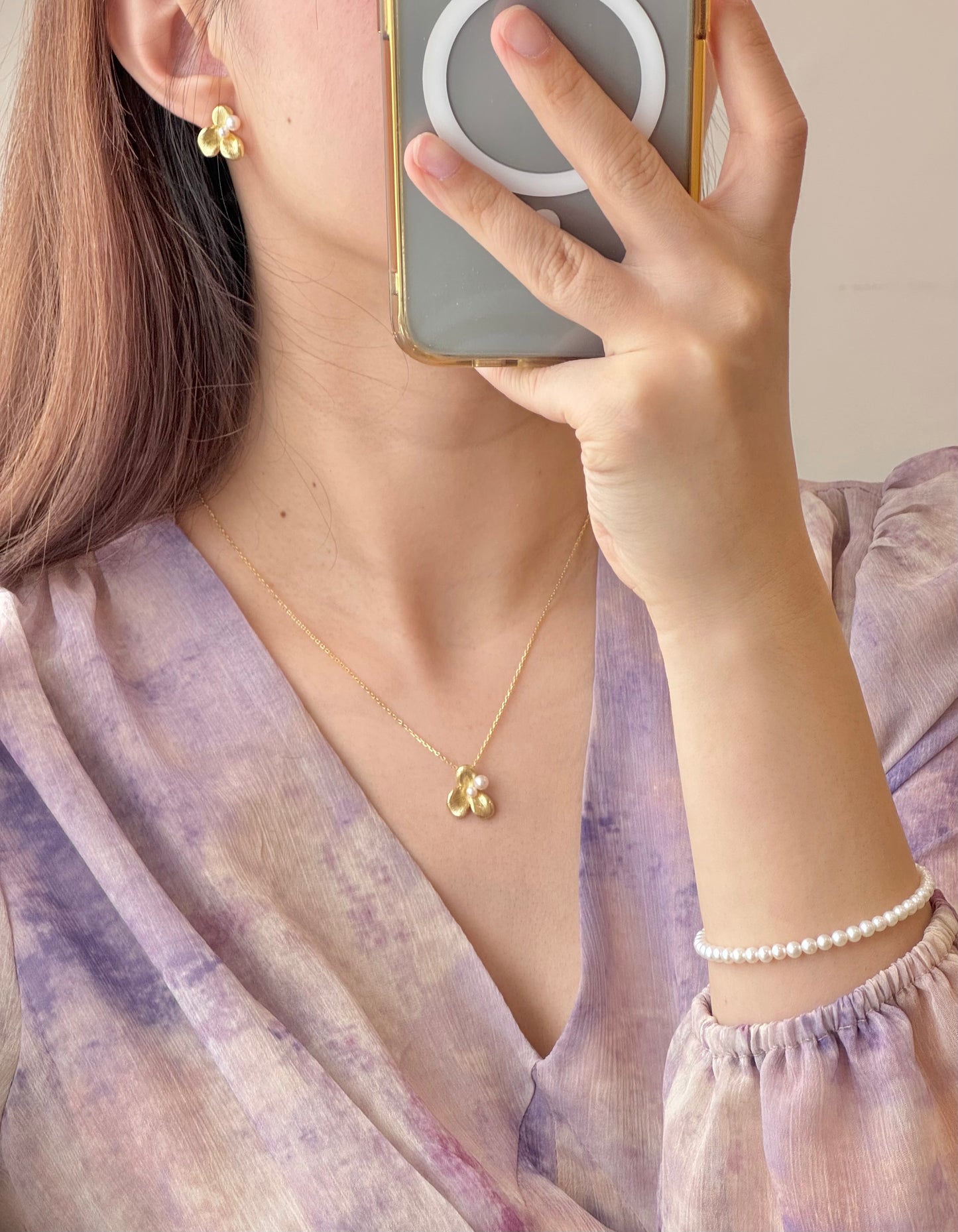 Silk-Drawn Petals Pearl Necklace, Gold Version