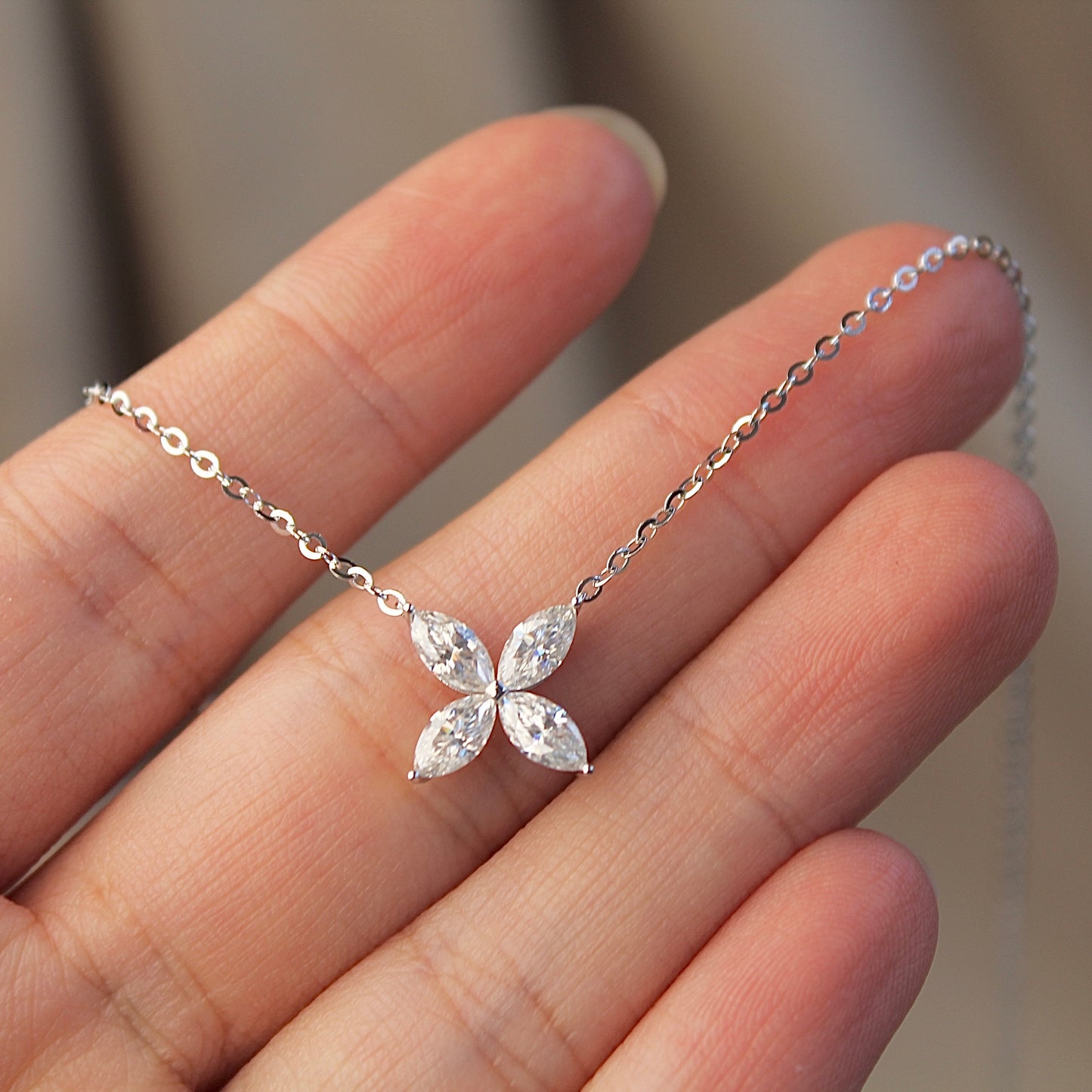 14K Solid White Gold Clover Necklace