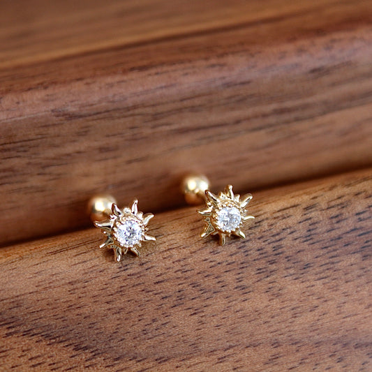 14K Solid Gold Mini Sunflower Earrings