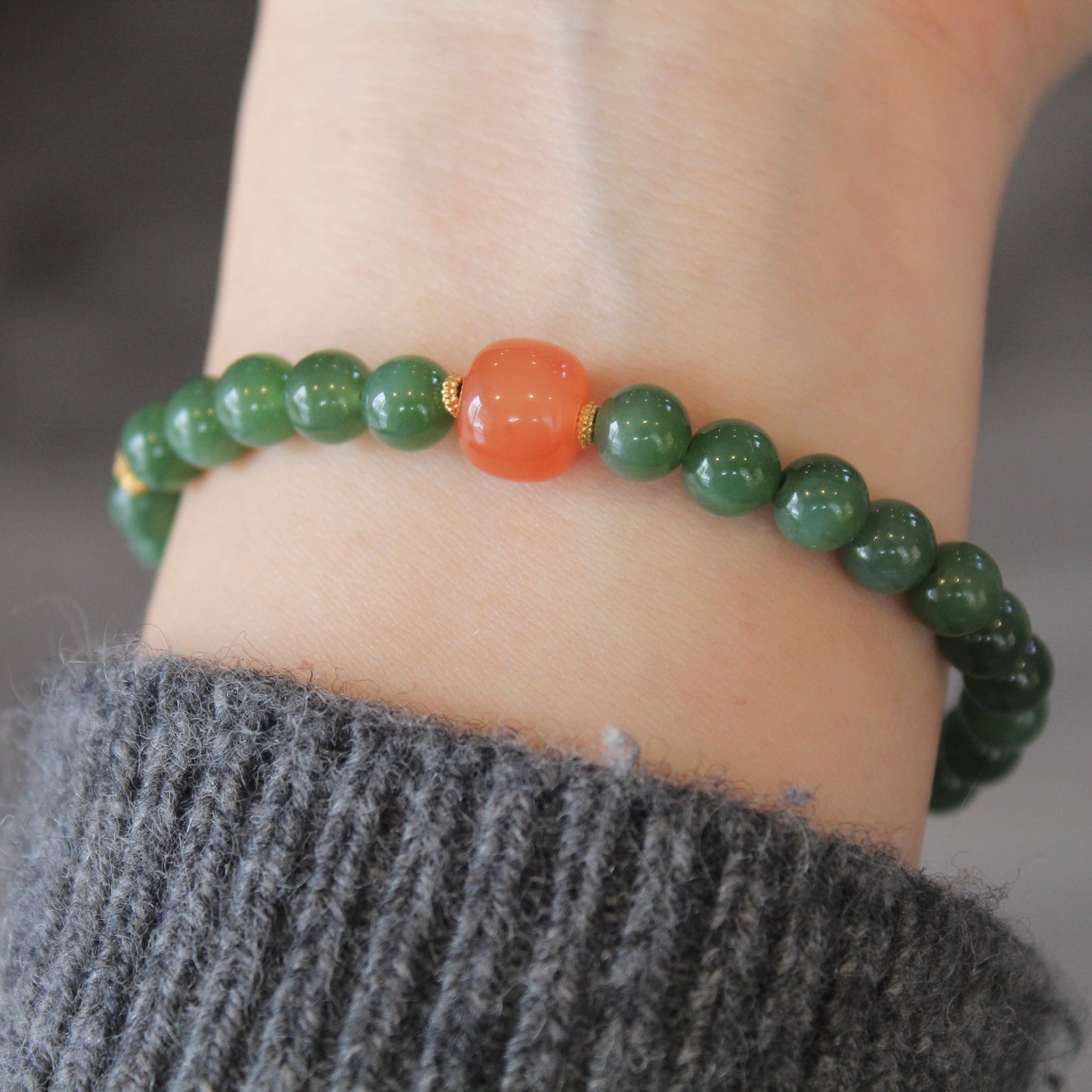 Natural Green Jade & South Red Agate Bracelet