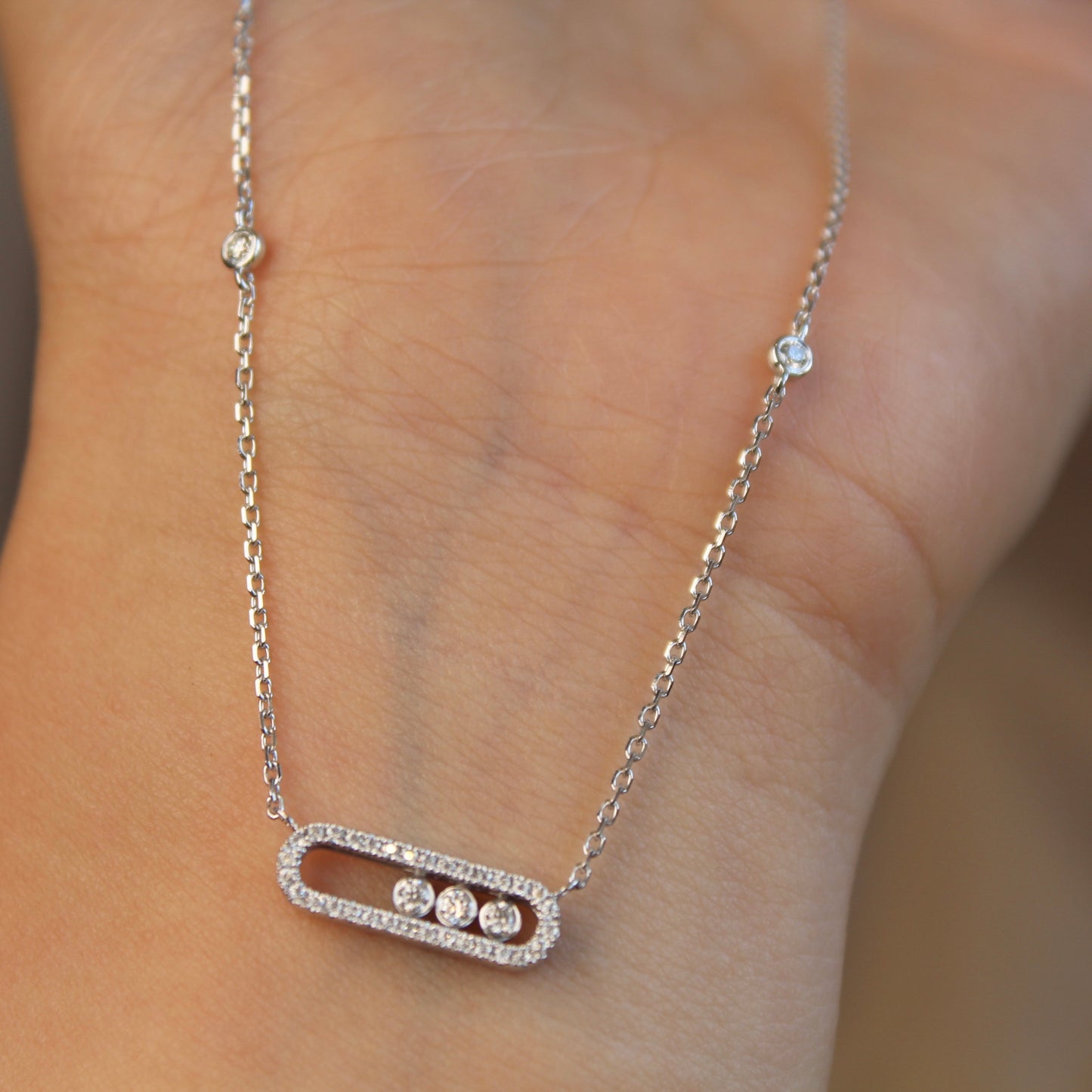 14K Solid White Gold Dancing Stones Necklace