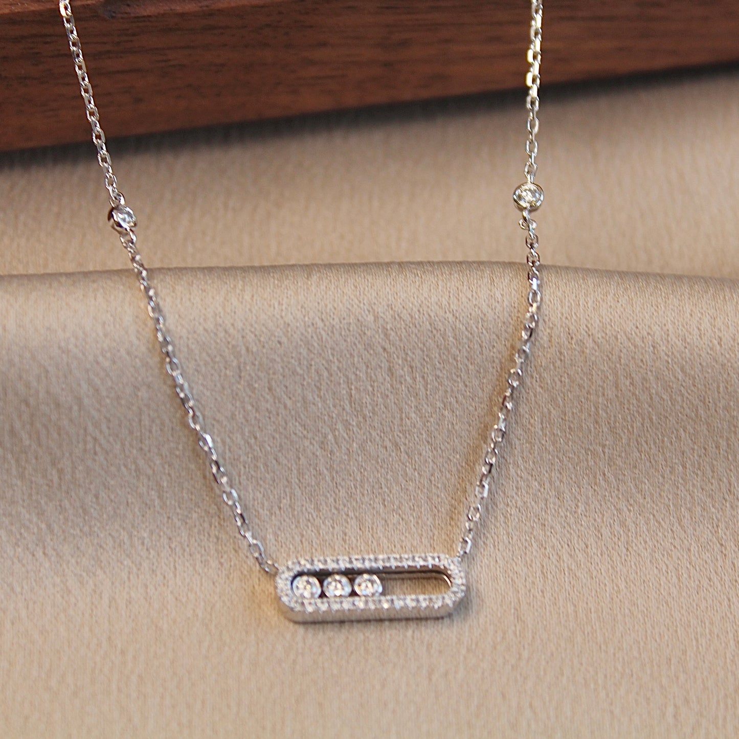 14K Solid White Gold Dancing Stones Necklace
