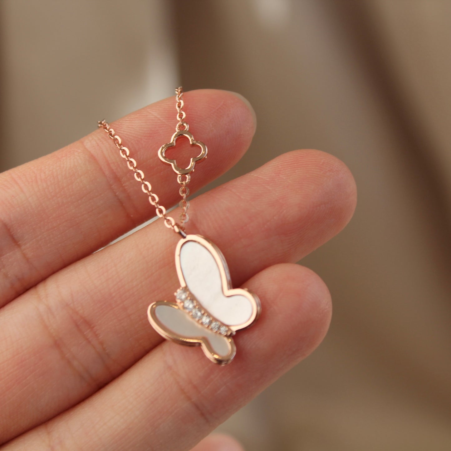 Butterfly Mother of Pearl Necklace, Rose Gold