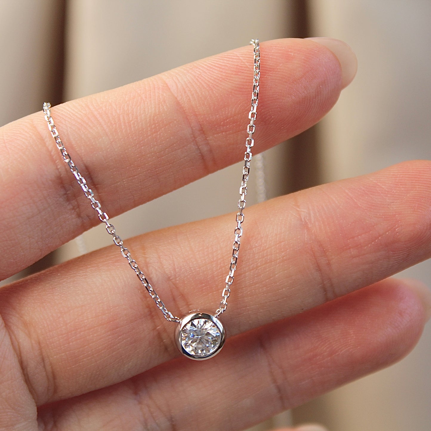 14K Solid Gold Single Bubble Necklace 0.5 Ct, White Gold