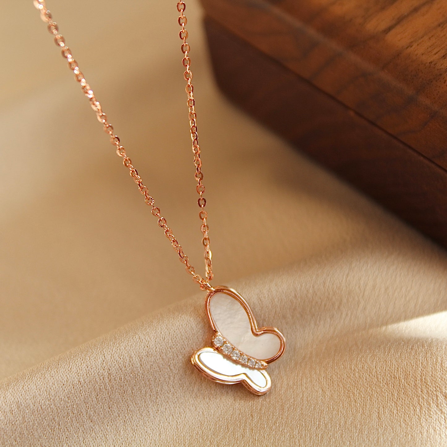 Butterfly Mother of Pearl Necklace, Rose Gold