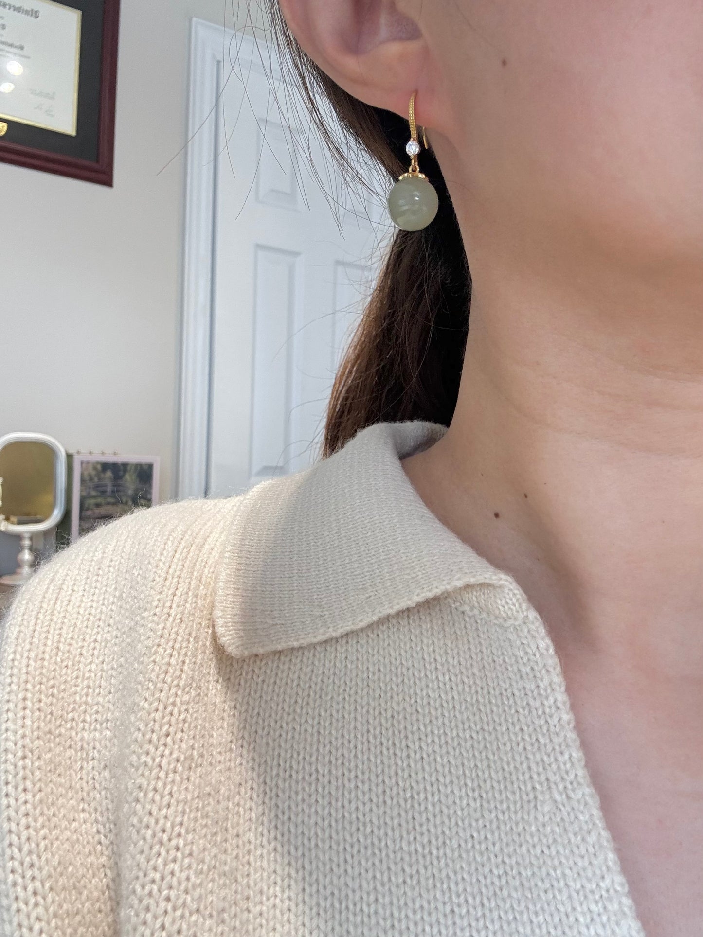 Quality Natural Light Green Jade Earrings, 12mm