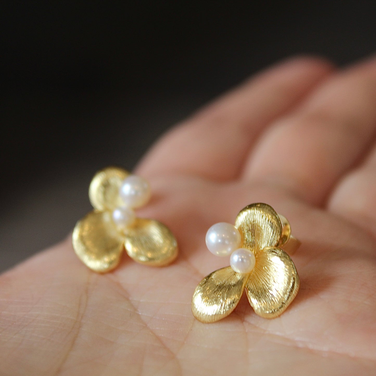 Silk-Drawn Petals Pearl Earrings, Gold Version