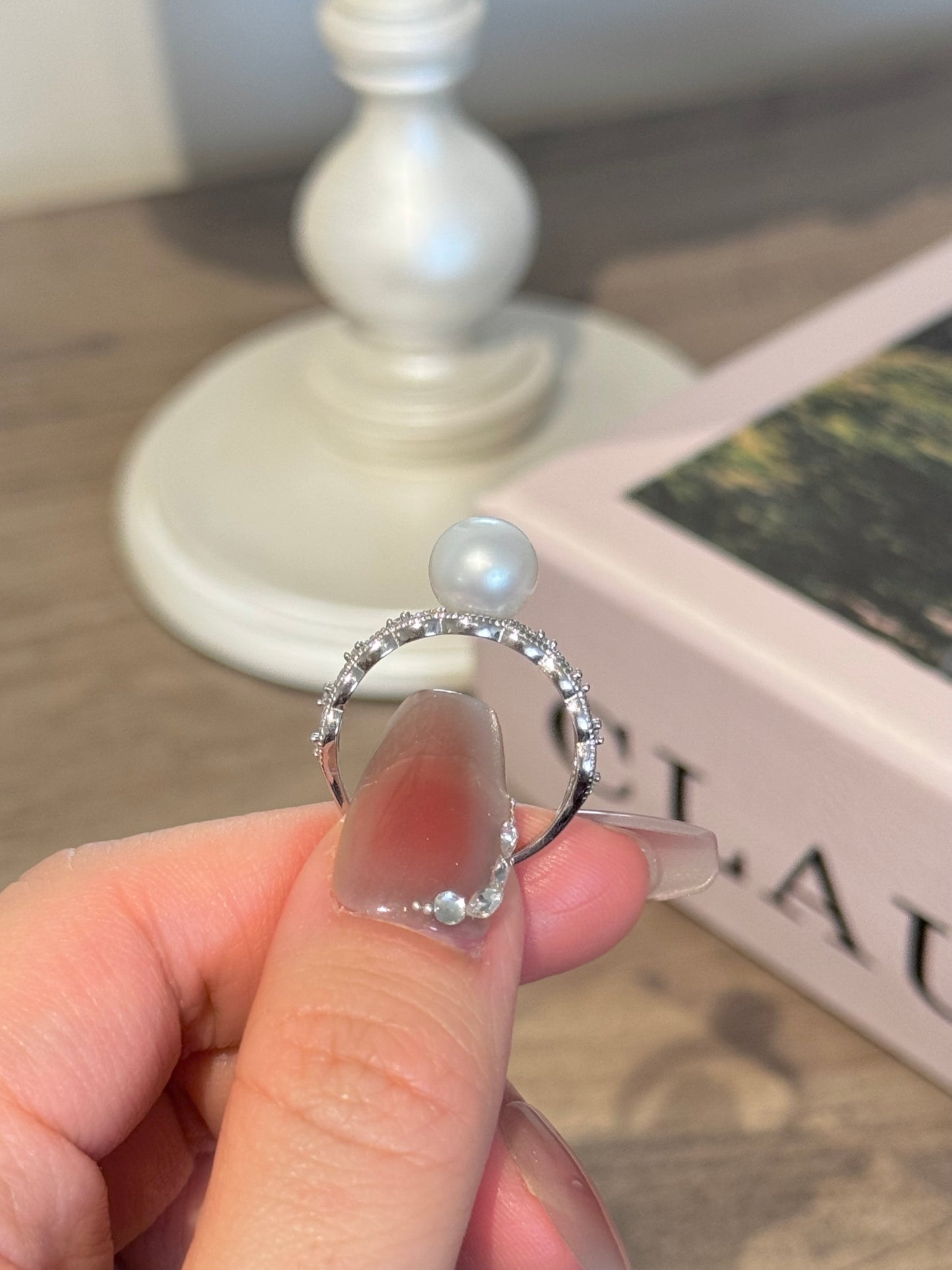 Lace Natural Perfect Round Pearl Open Ring, Adjustable