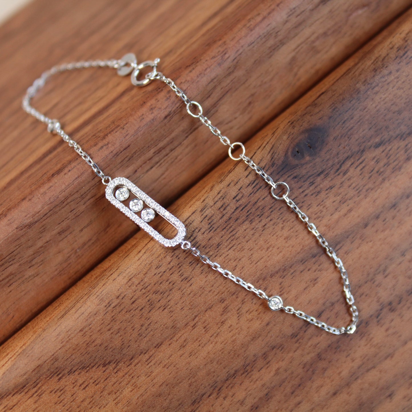 14K Solid White Gold Dancing Stones Bracelet