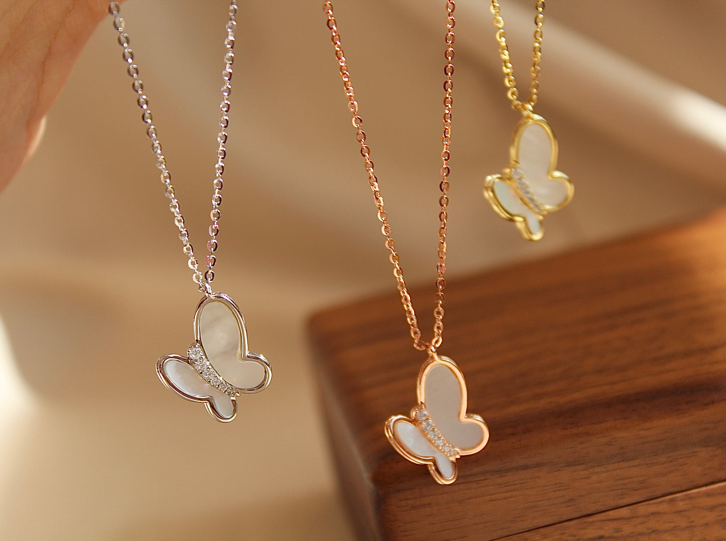 Butterfly Mother of Pearl Necklace, Gold Color